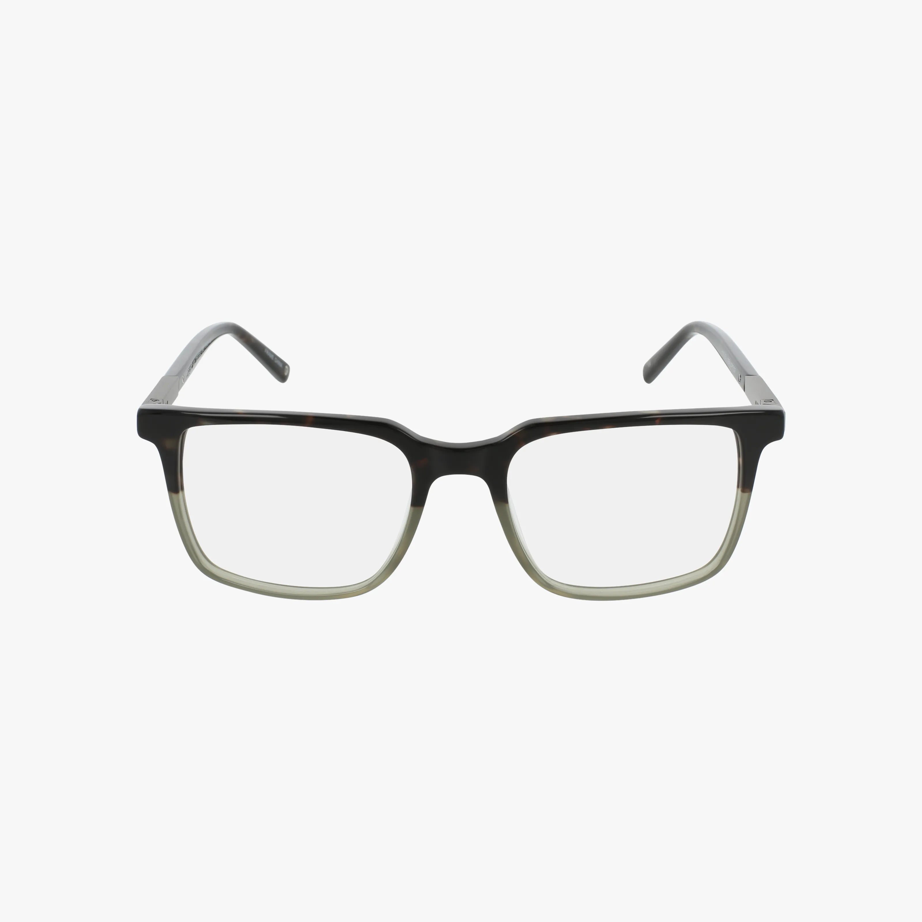 The H303 is a pair of rectangular eyeglasses with a stylish frame featuring dark upper rims and lighter, transparent lower edges, crafted from modern materials and shown against a plain white background.