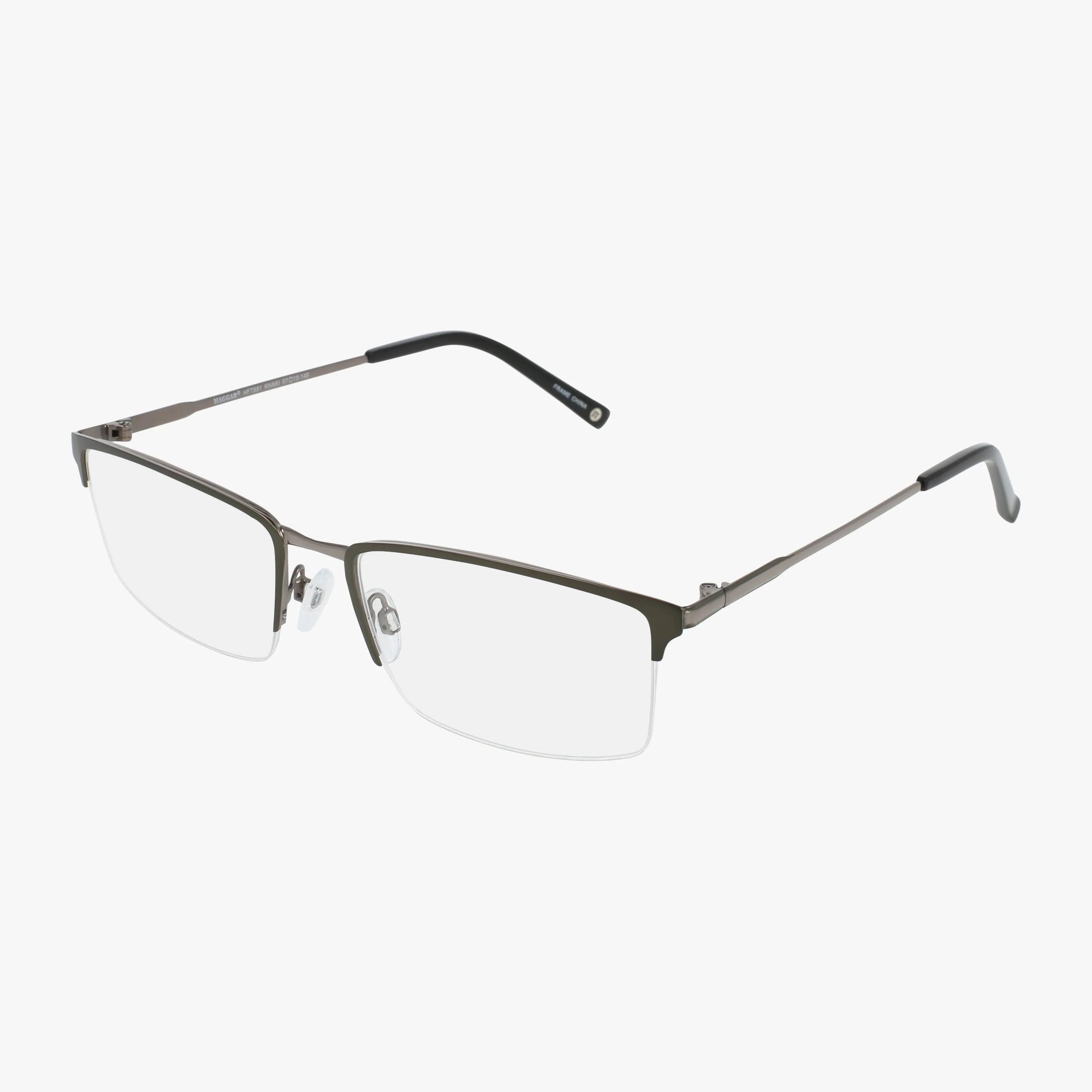 The HFT551 semi-rimless eyeglasses have thin, rectangular metal frames with clear Transitions lenses, polished finish, slim arms with black tips, and adjustable nose pads. Displayed on a plain white background.