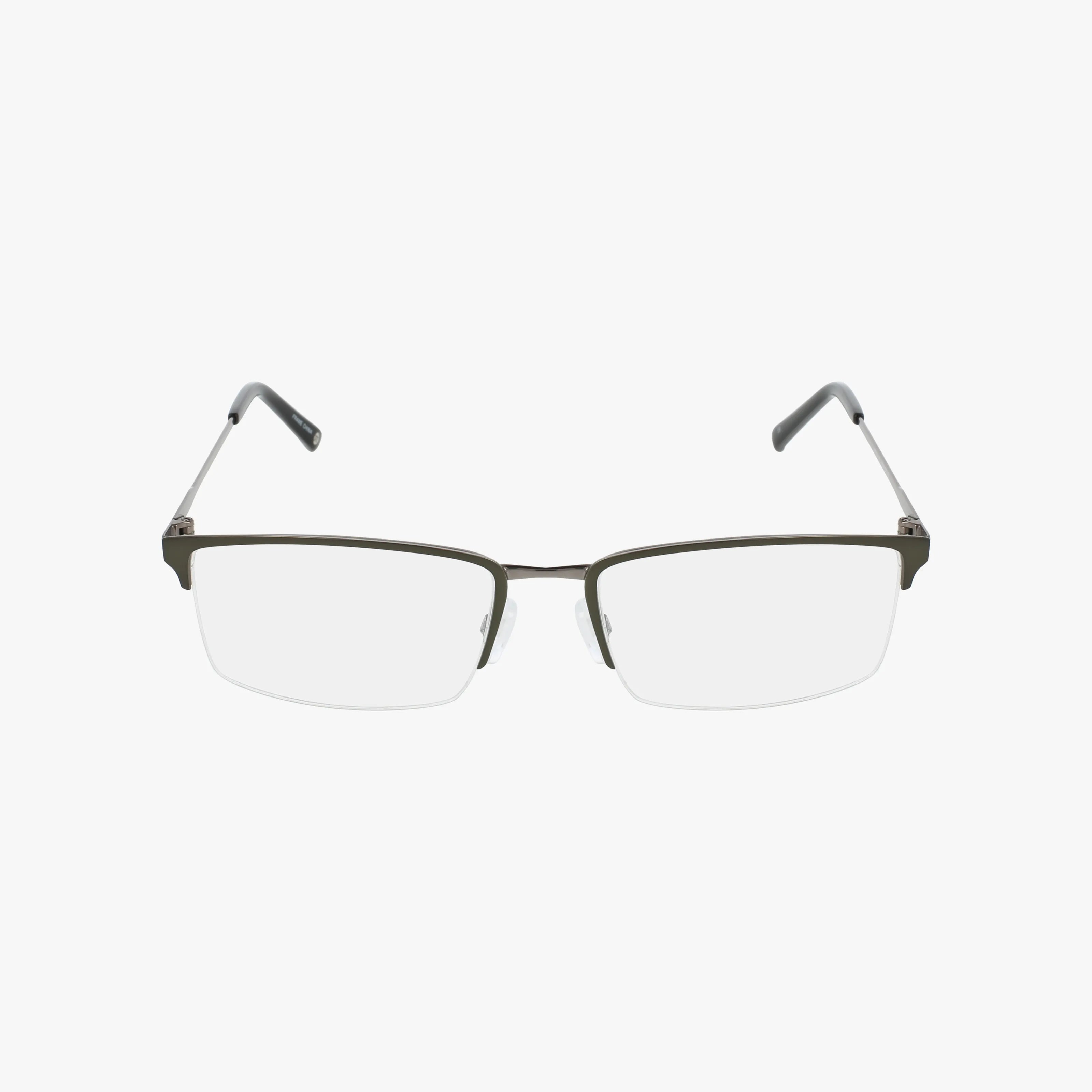 The HFT551 eyeglasses feature a rectangular semi-rimless design with a polished frame and clear lenses, blending style and durability, displayed against a plain white background.