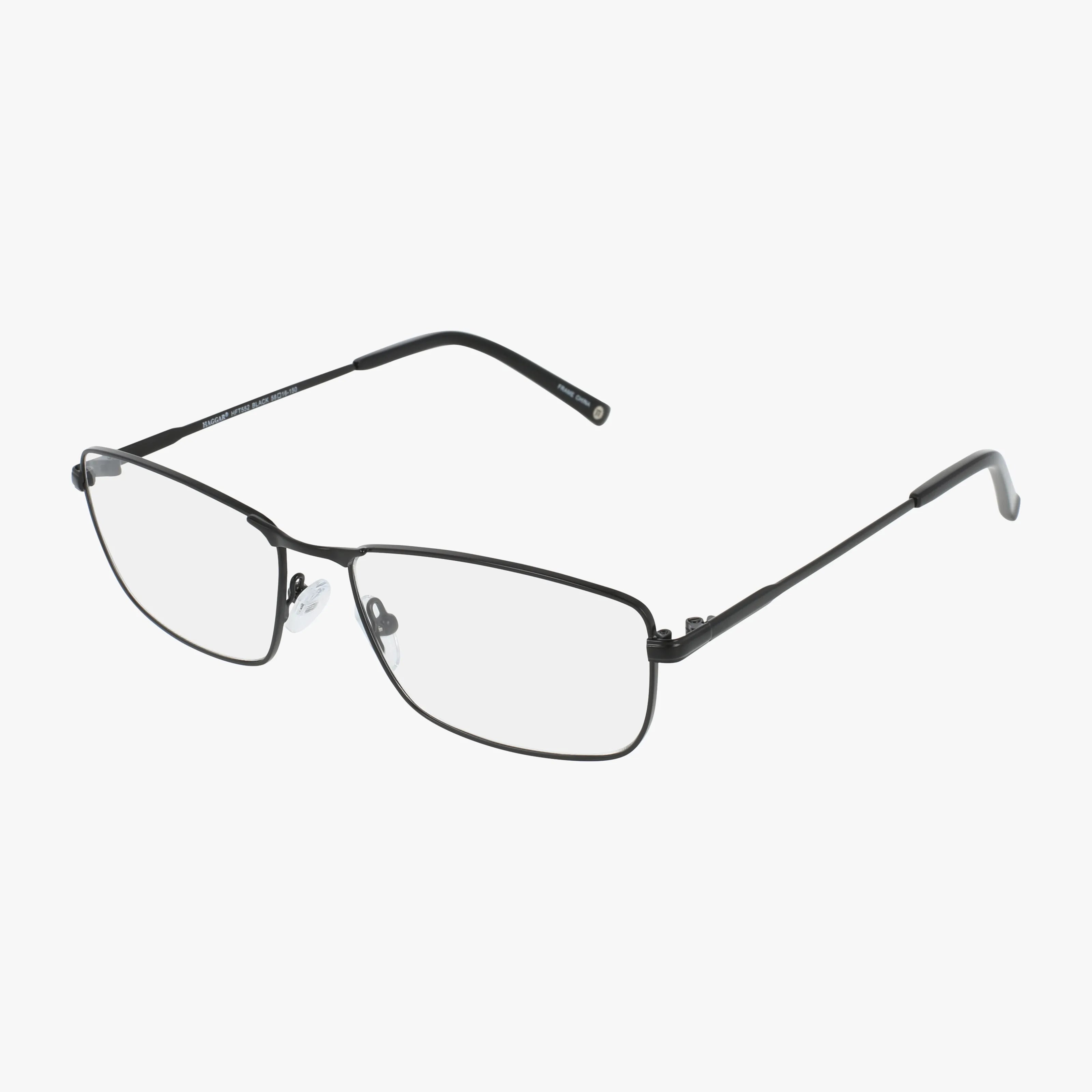 The HFT552 features a modern rectangular frame with thin black metal and clear prescription lenses, displayed on a plain white background.