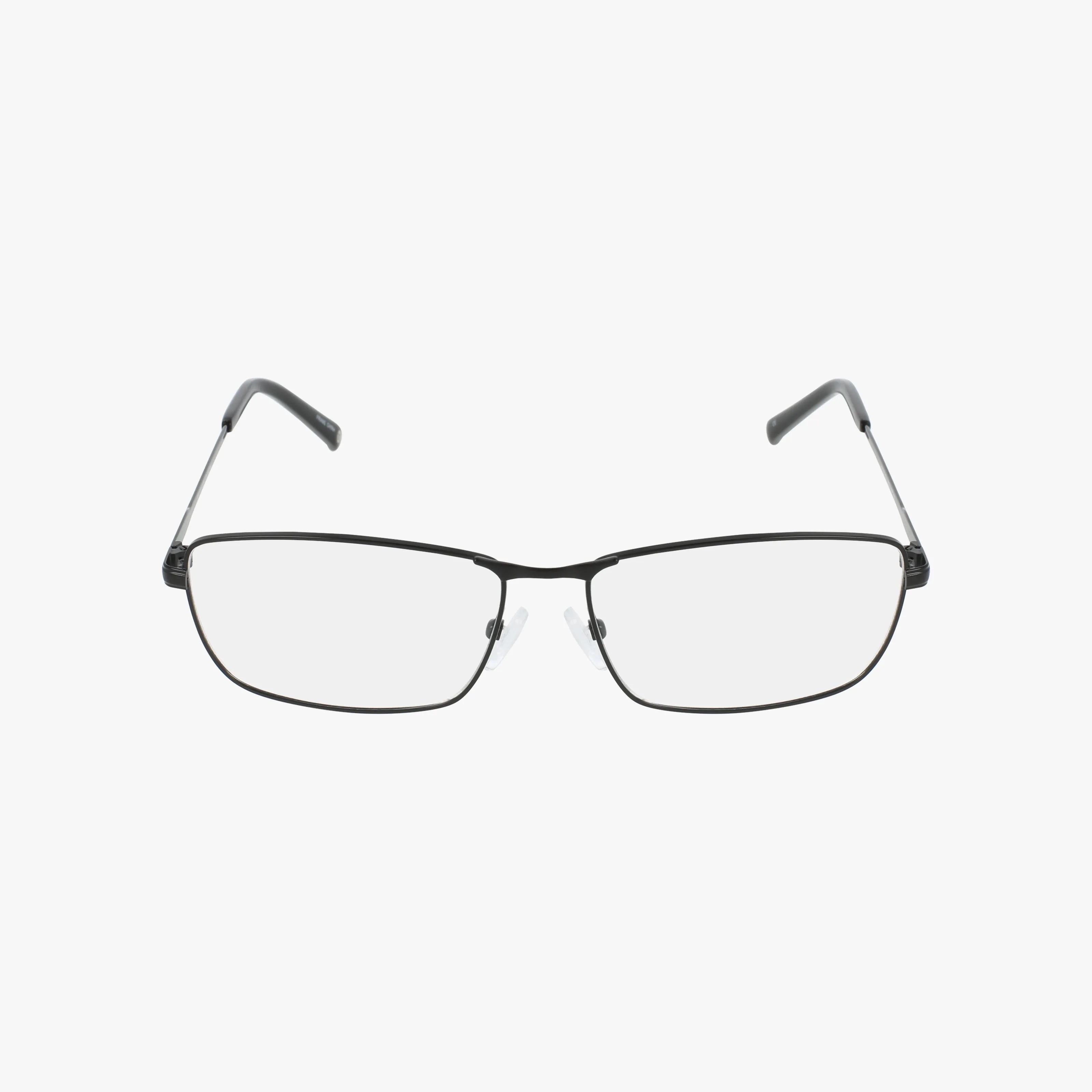 The HFT552 is a pair of rectangular eyeglasses with a modern, thin black metal frame and clear prescription lenses, displayed on a plain white background.