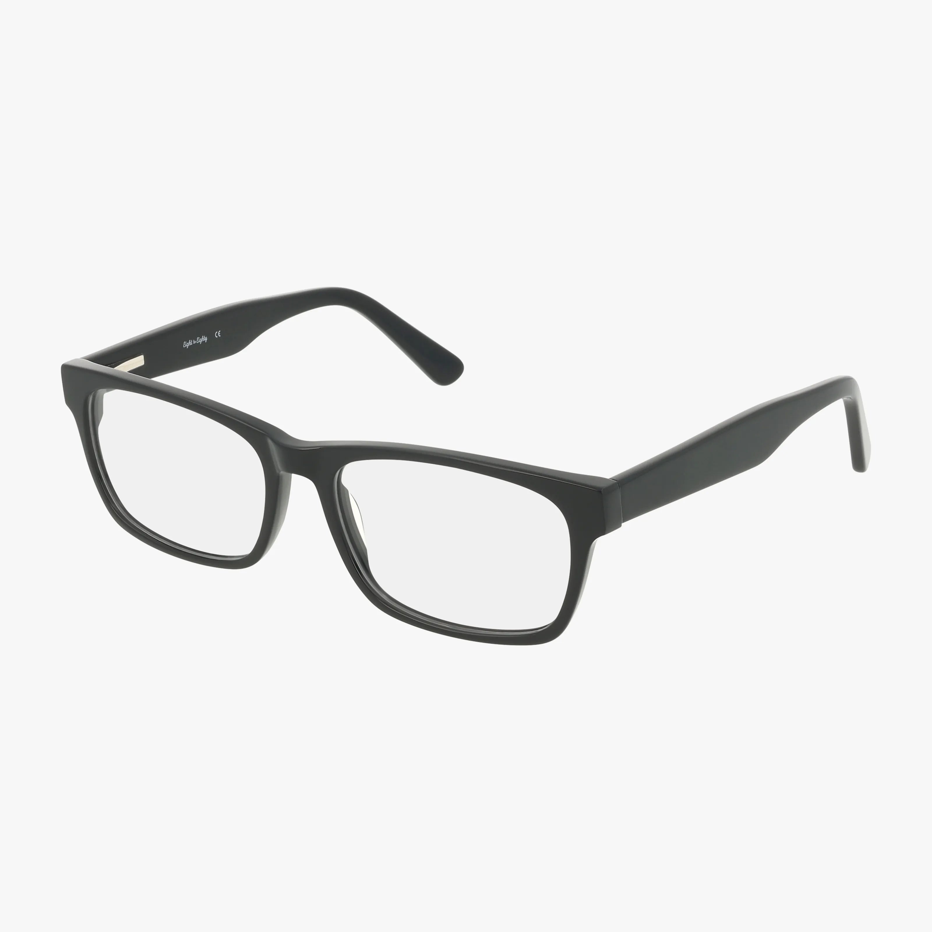 The DENNIS eyeglasses are black, rectangular, and feature a functional design with clear lenses, displayed on a white background.