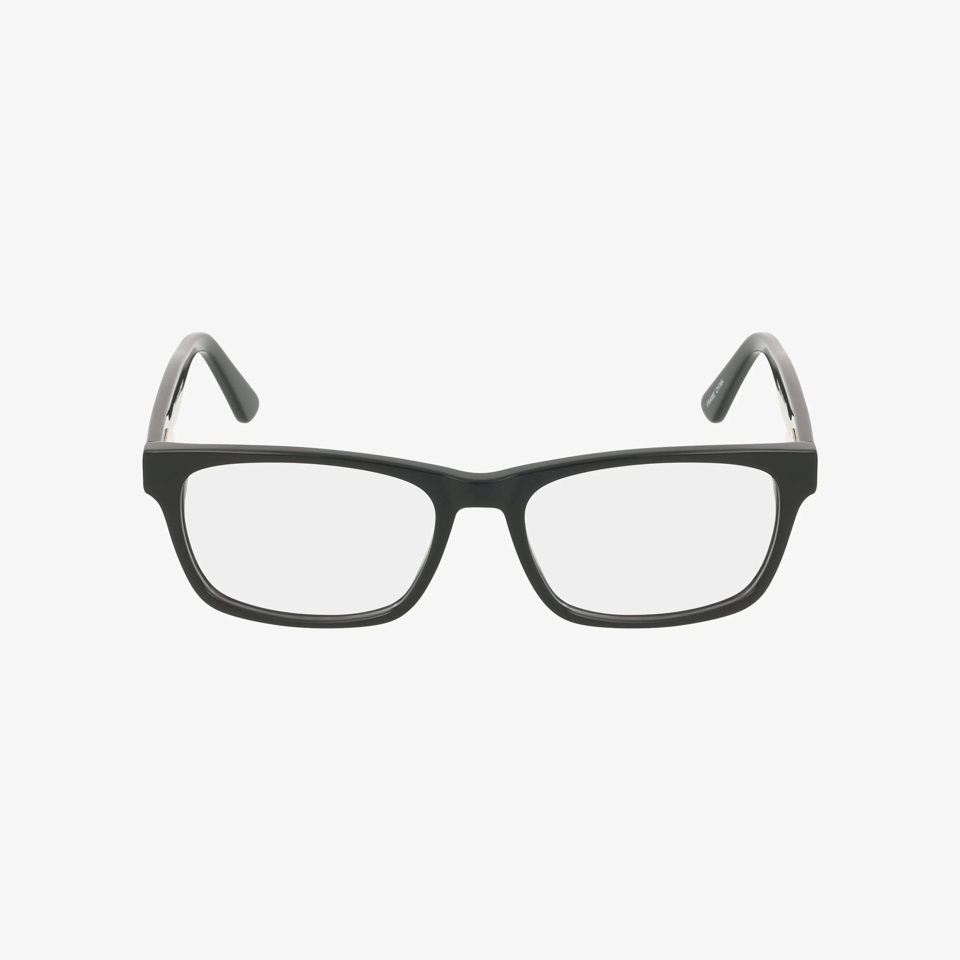 The DENNIS eyeglasses are black, rectangular frames with clear lenses, offering a unique style and functional design. Shown against a plain white background.