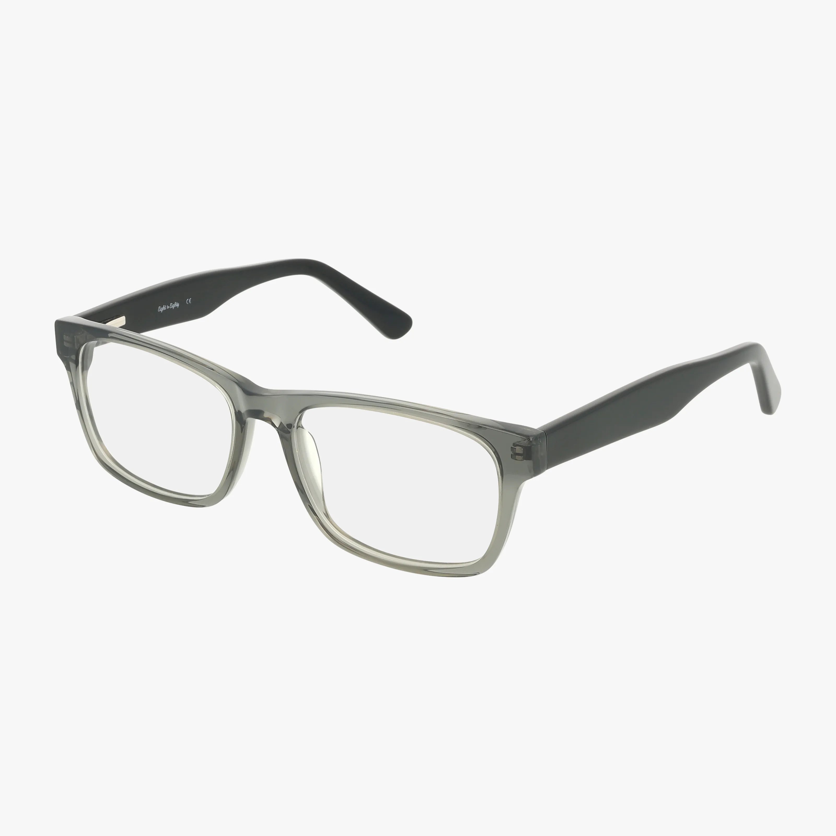 The DENNIS eyeglasses feature rectangular progressive lenses, gray translucent frames, and solid black arms, creating a distinct style against a white background.