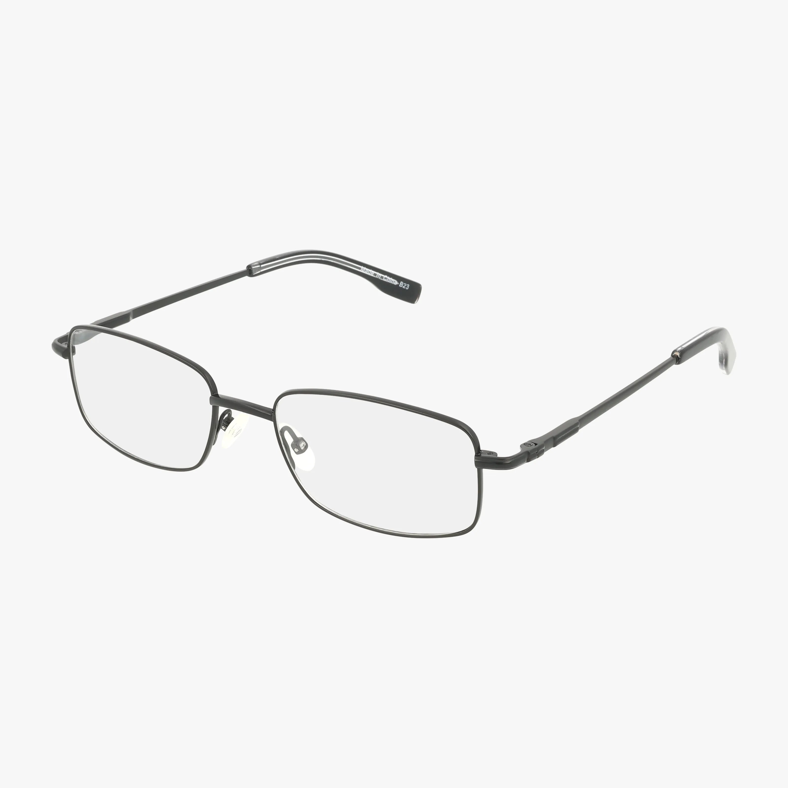 The 102 features rectangular, thin black metal rims, clear lenses, adjustable nose pads, and straight temples for a sturdy statement look. Displayed against a white background.