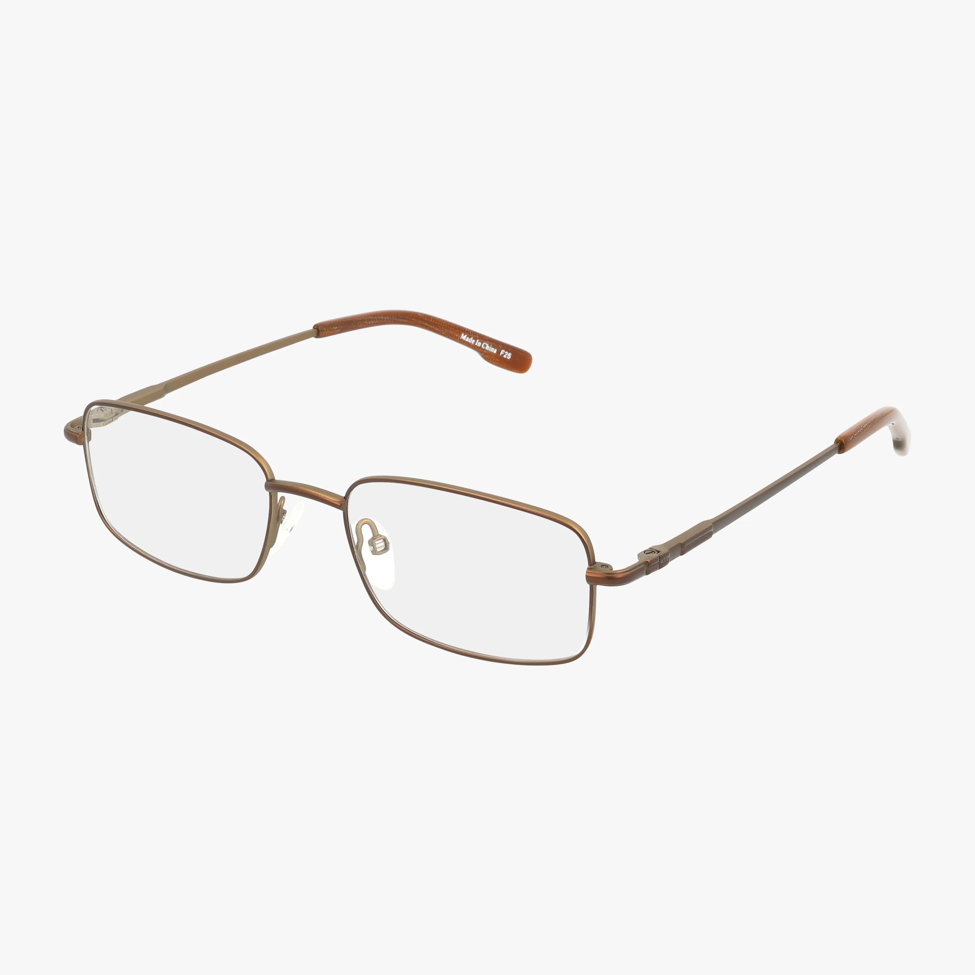 Product 102: Rectangular, thin metal eyeglasses with brown frames and clear lenses, designed for durability. Shown on a white background.