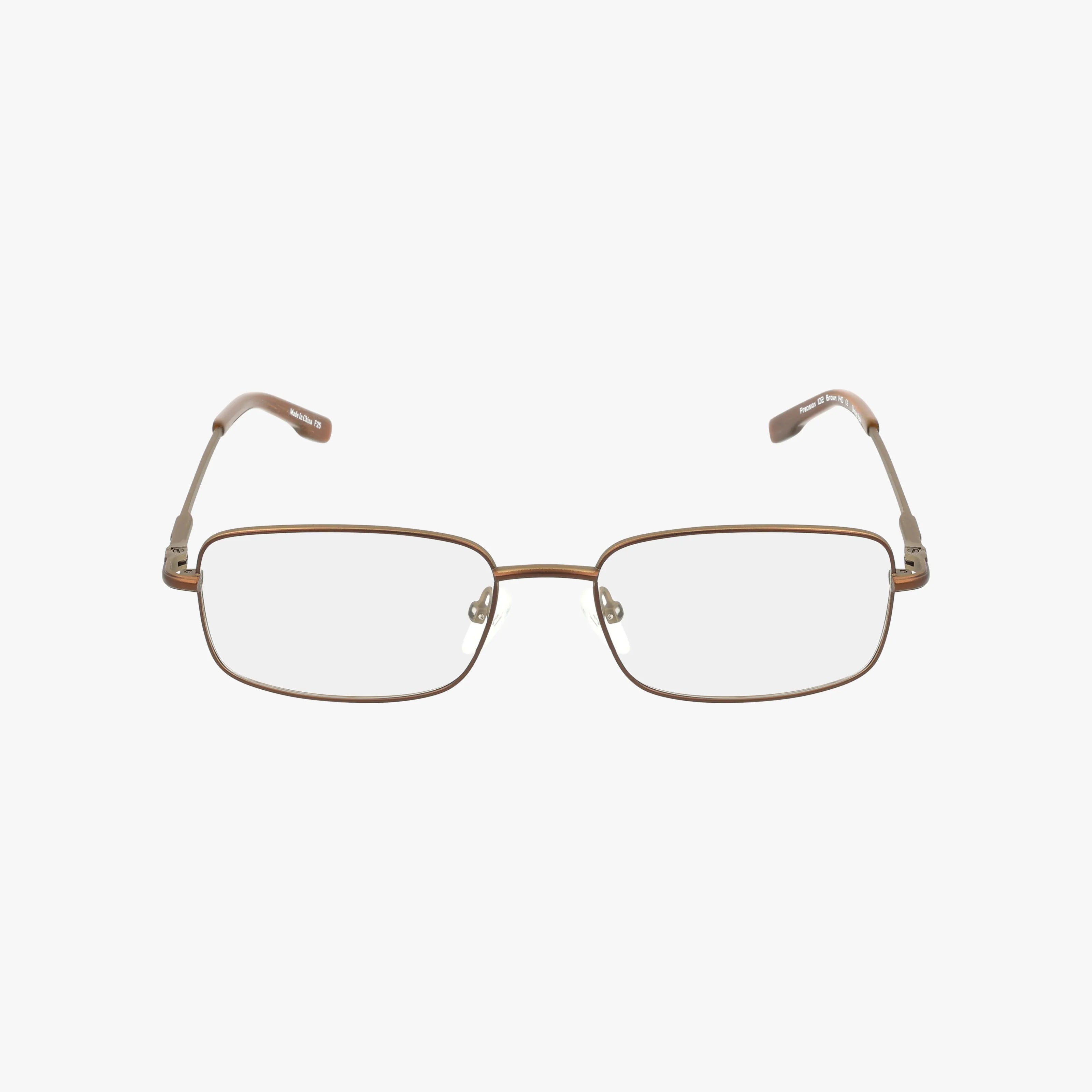 Rectangular eyeglasses (Product 102) feature thin brown metal frames, clear progressive lenses, and slightly curved temples with brown plastic tips for a sturdy build and everyday comfort. Shown on a plain white background.