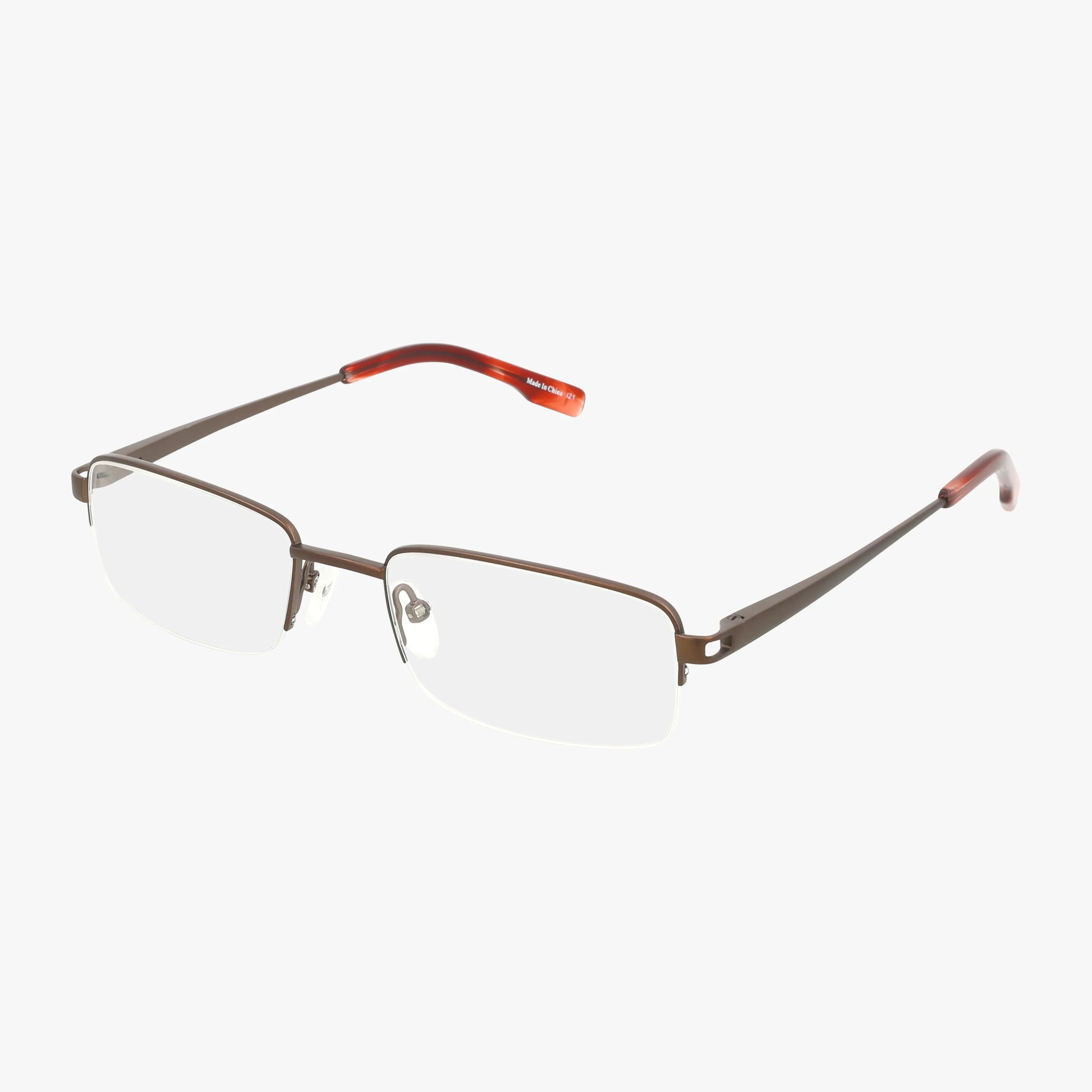 The 105 eyeglasses are rectangular and rimless, with thin brown metal arms and red tips, displayed on a white background.