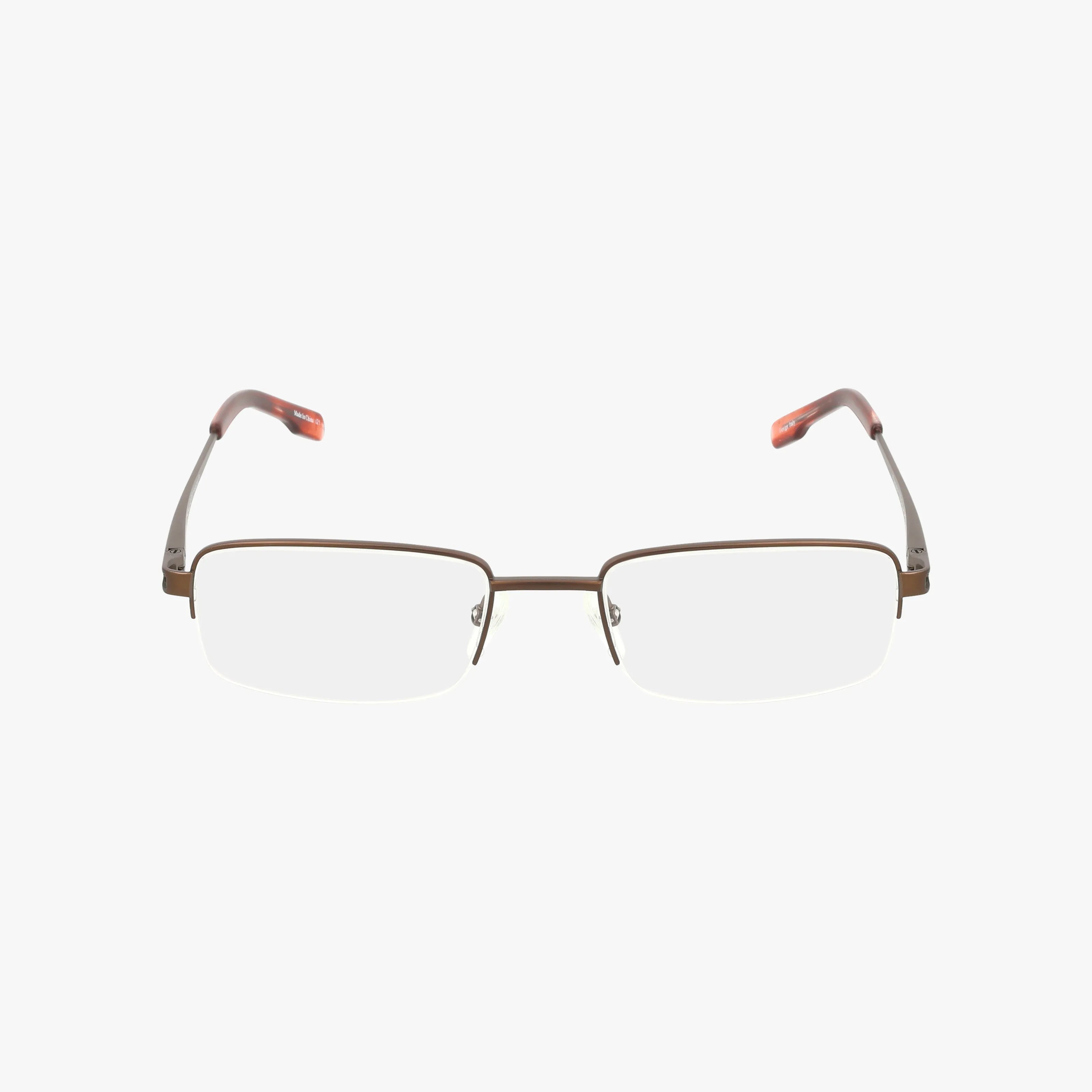 The 105 eyeglasses are rectangular, brown metal frames with clear lenses and brown plastic-coated temple tips, displayed on a plain white background.