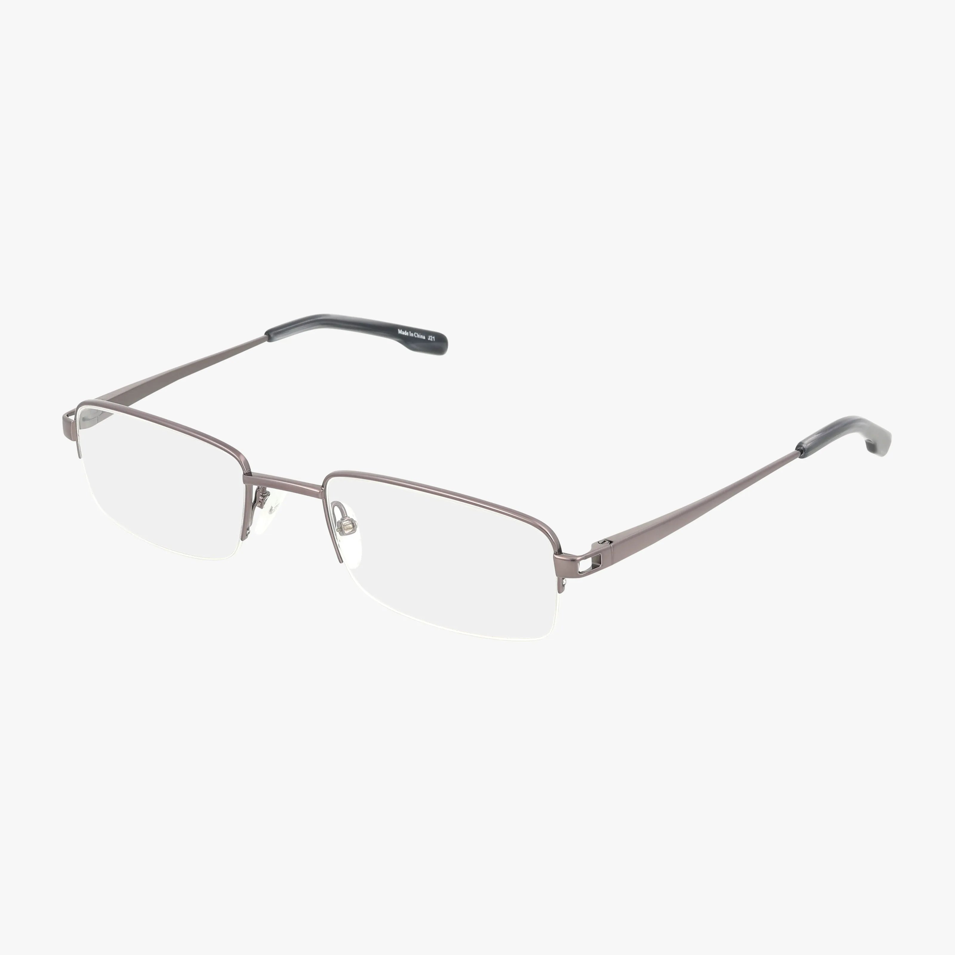The 105 eyeglasses feature a rectangular, semi-rimless design with a stylish thin brown metal frame and clear lenses, displayed against a plain white background.