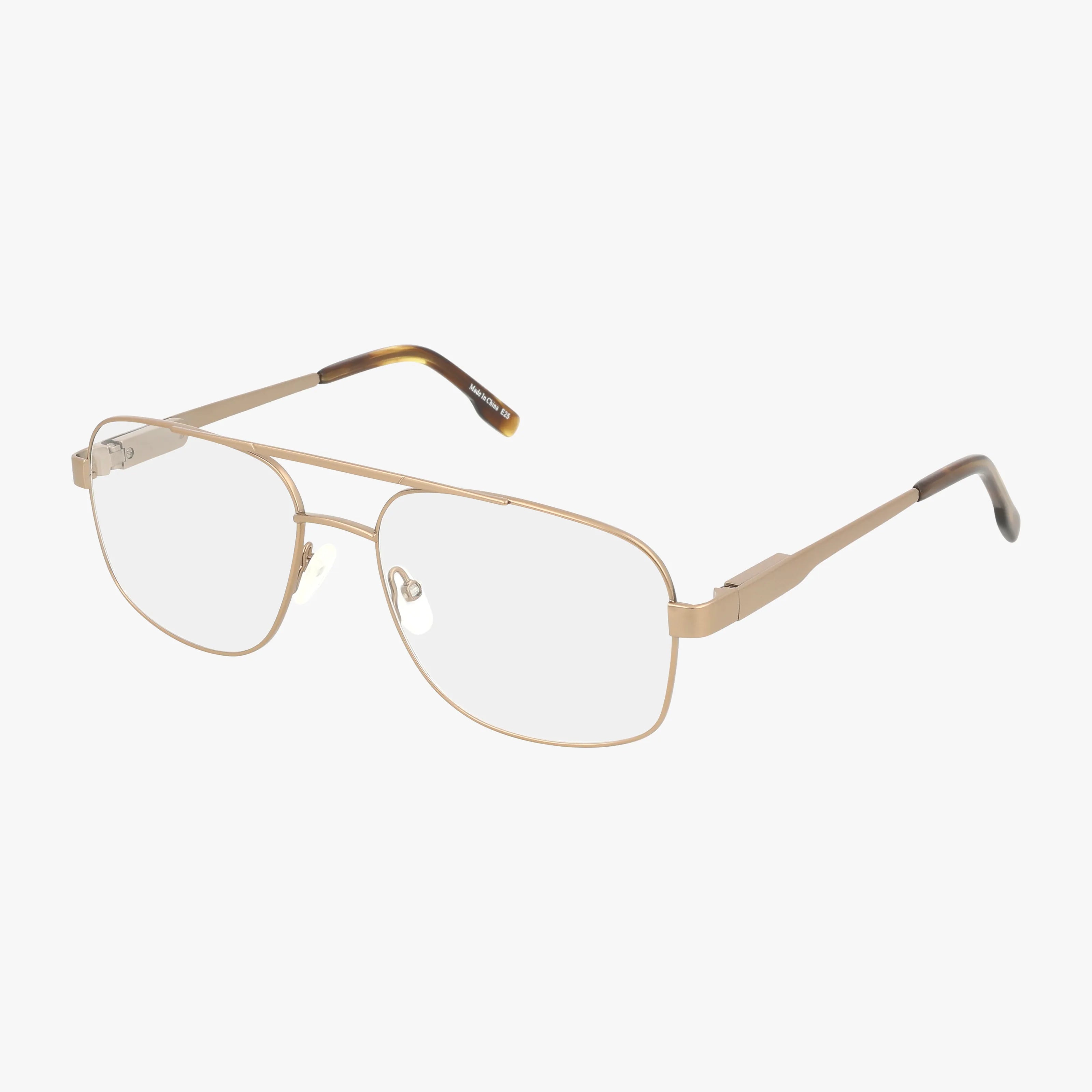 The 110 eyeglasses feature a gold metal aviator-style frame with clear Transitions lenses, adjustable nose pads, and brown-tipped arms, shown against a white background.