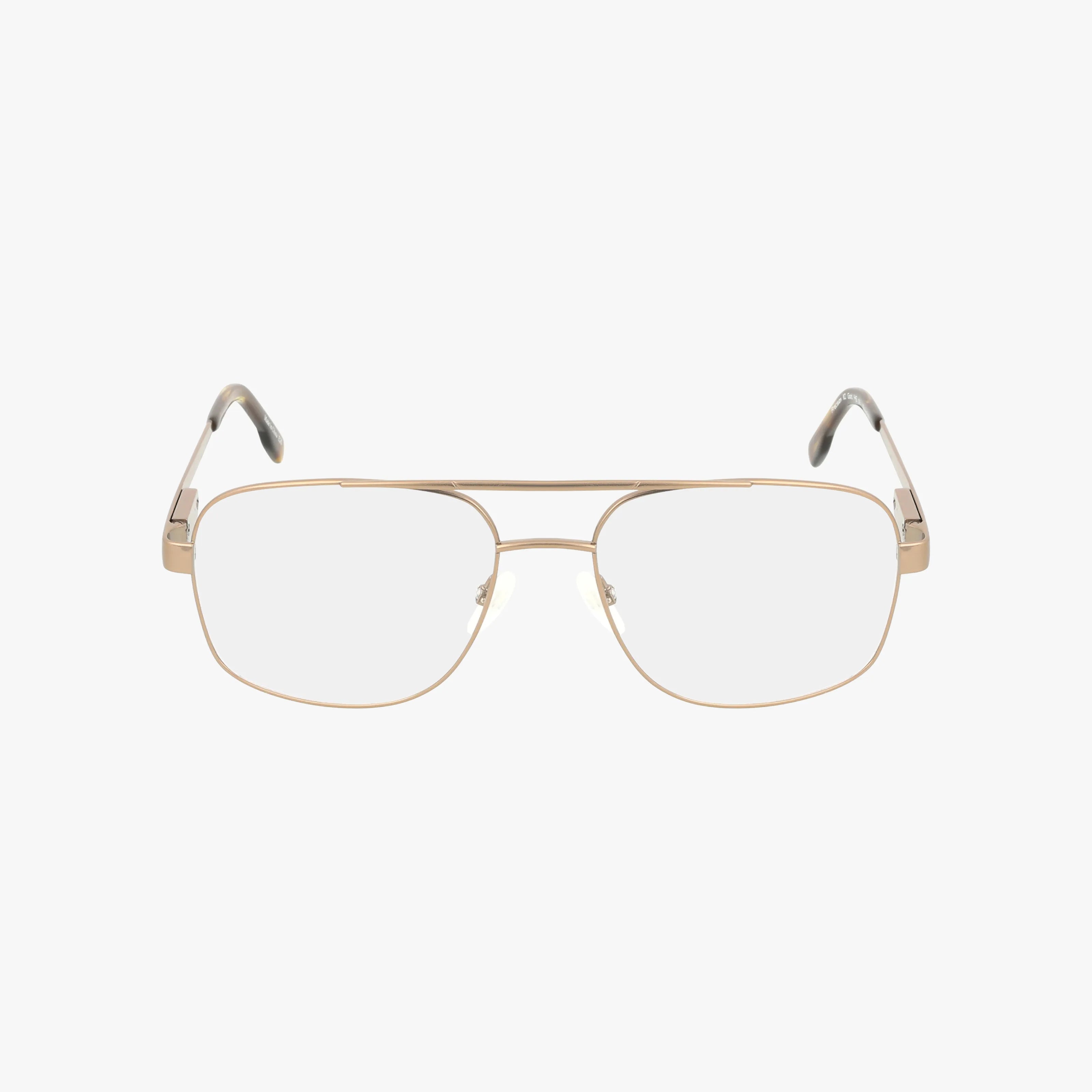 Product 110 features gold metal aviator-style eyeglasses with a refined frame, clear lenses, double bridge, and black-tipped temples for stylish durability, shown on a white background.