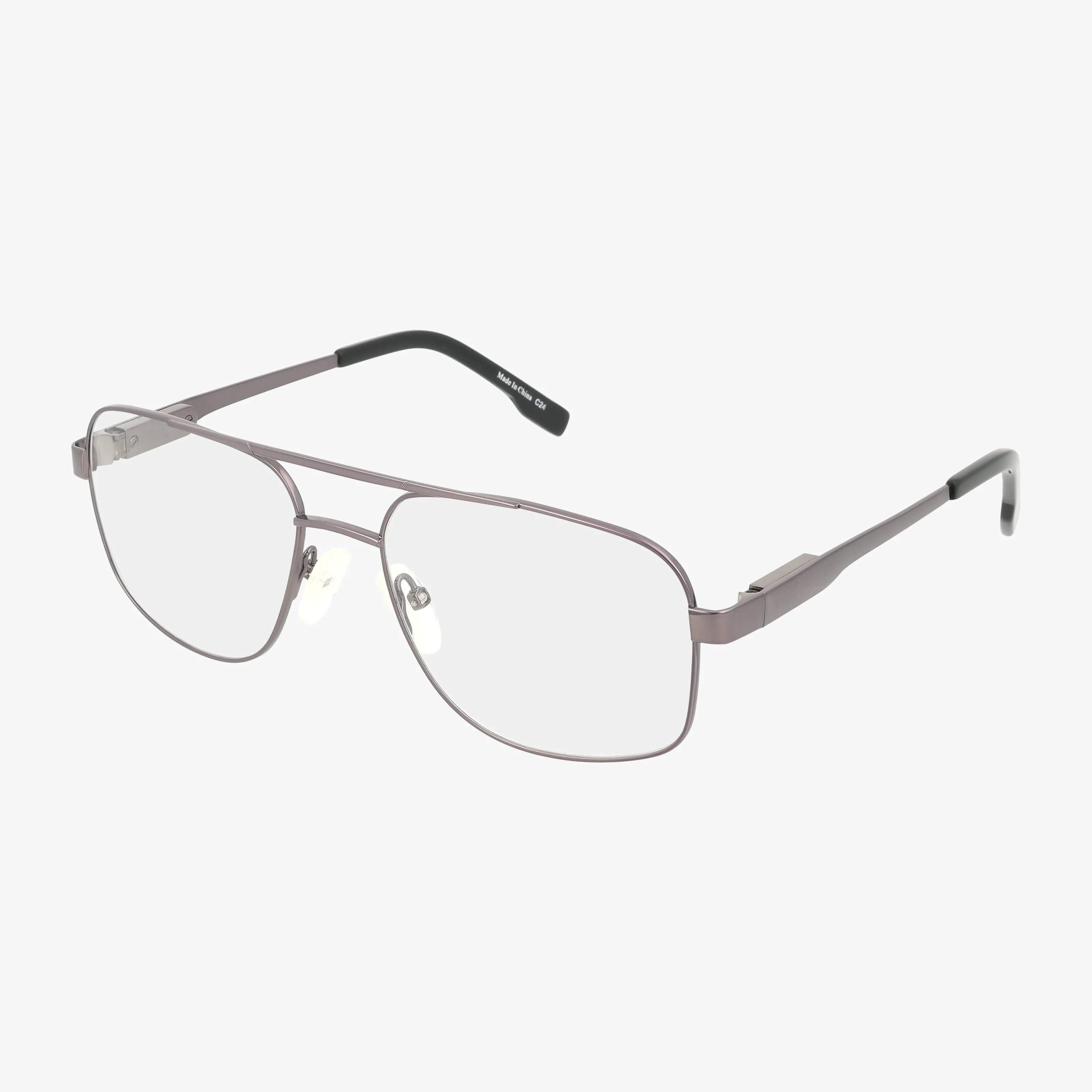 The 110 aviator-style eyeglasses feature a refined thin metallic frame, clear Transitions lenses, straight temples with black tips, and adjustable nose pads for a stylish, comfortable, and durable design.