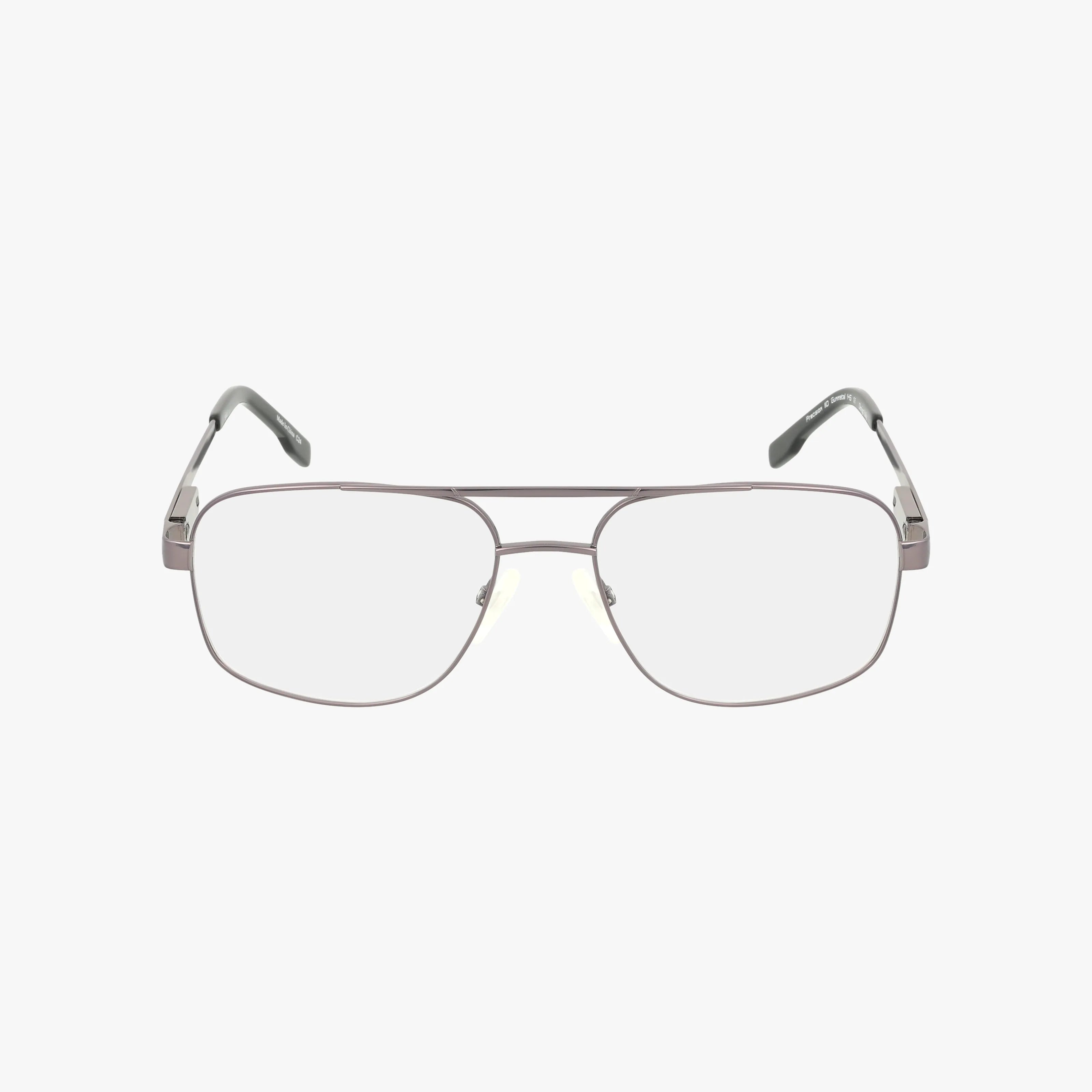 The 110 eyeglasses feature a silver metal aviator frame with clear lenses and black temple tips, blending style and durability. Displayed on a plain white background.