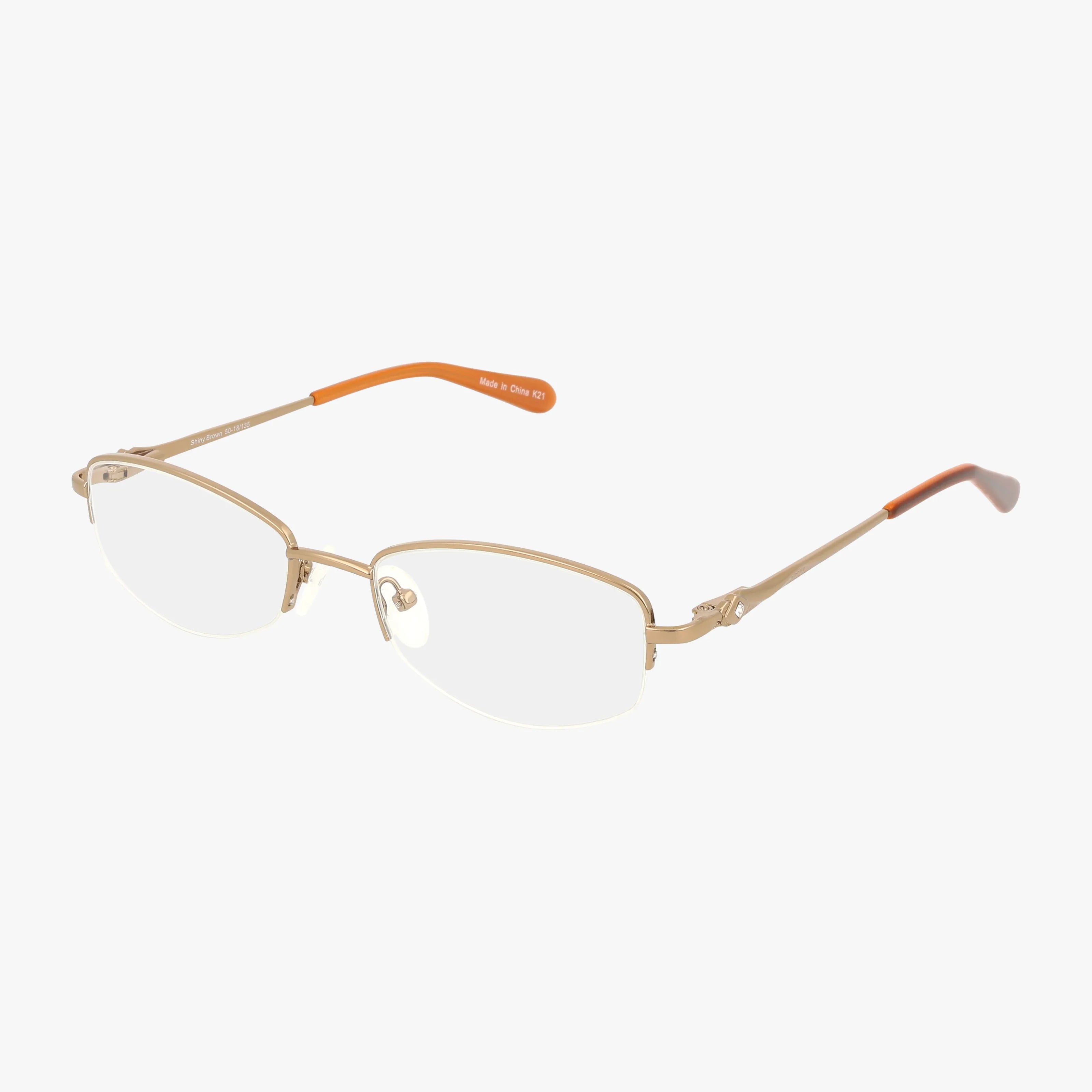 The 602 semi-rimless eyeglasses feature a lightweight gold metal frame, clear lenses, orange temple tips, and adjustable nose pads—combining quality craftsmanship with modern style. Shown on a white background.