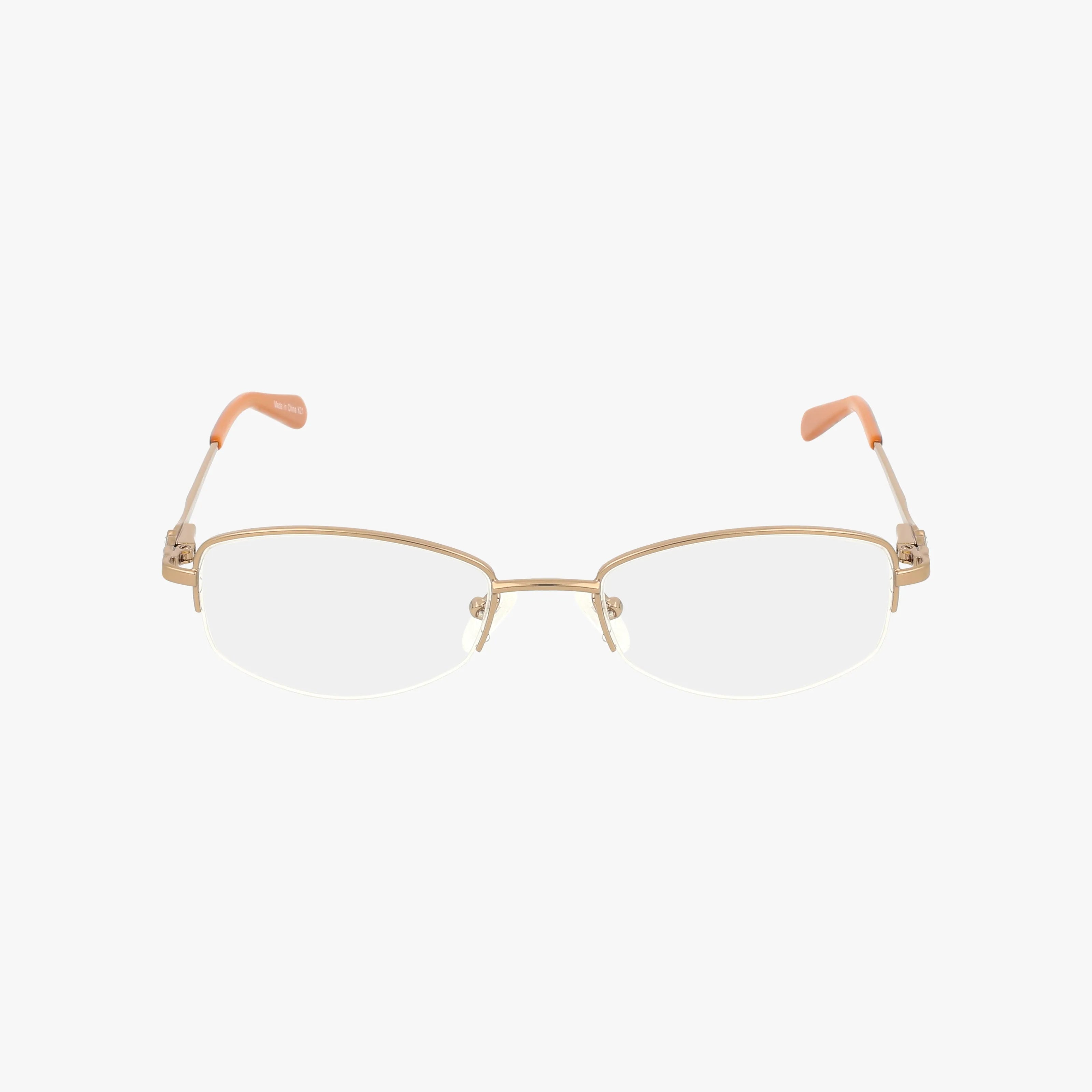 The 602 rimless eyeglasses feature a lightweight, luxurious frame with thin gold metal arms, clear lenses, and elegant light peach temple tips, all highlighted against a plain white background to showcase their quality craftsmanship.