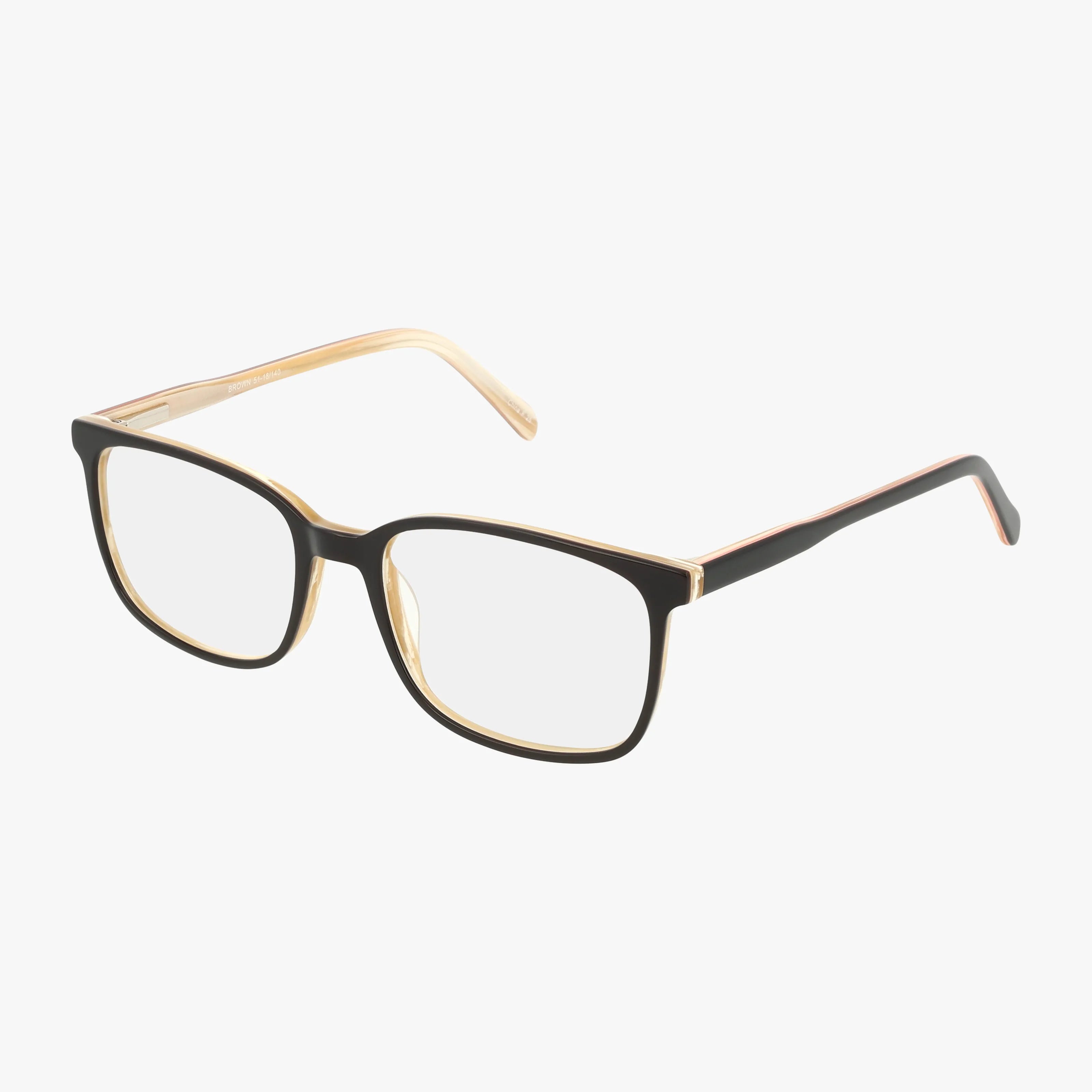 The 420 eyeglasses feature a stylish rectangular frame with black fronts and transparent light brown temples, displayed on a white background.
