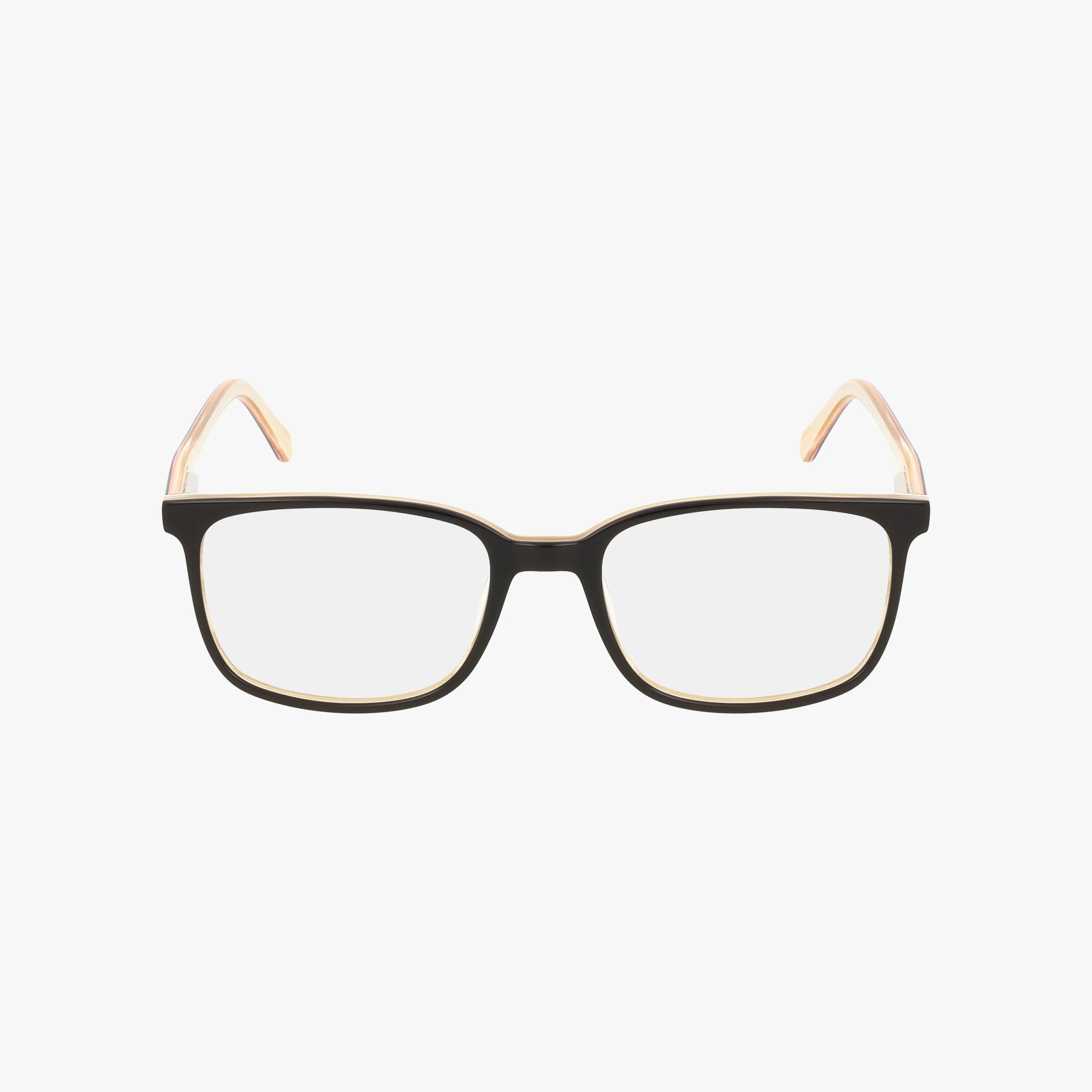 Rectangular black 420 eyeglasses with classic lines, clear lenses, and light brown/beige temple arms are shown facing forward on a white background.