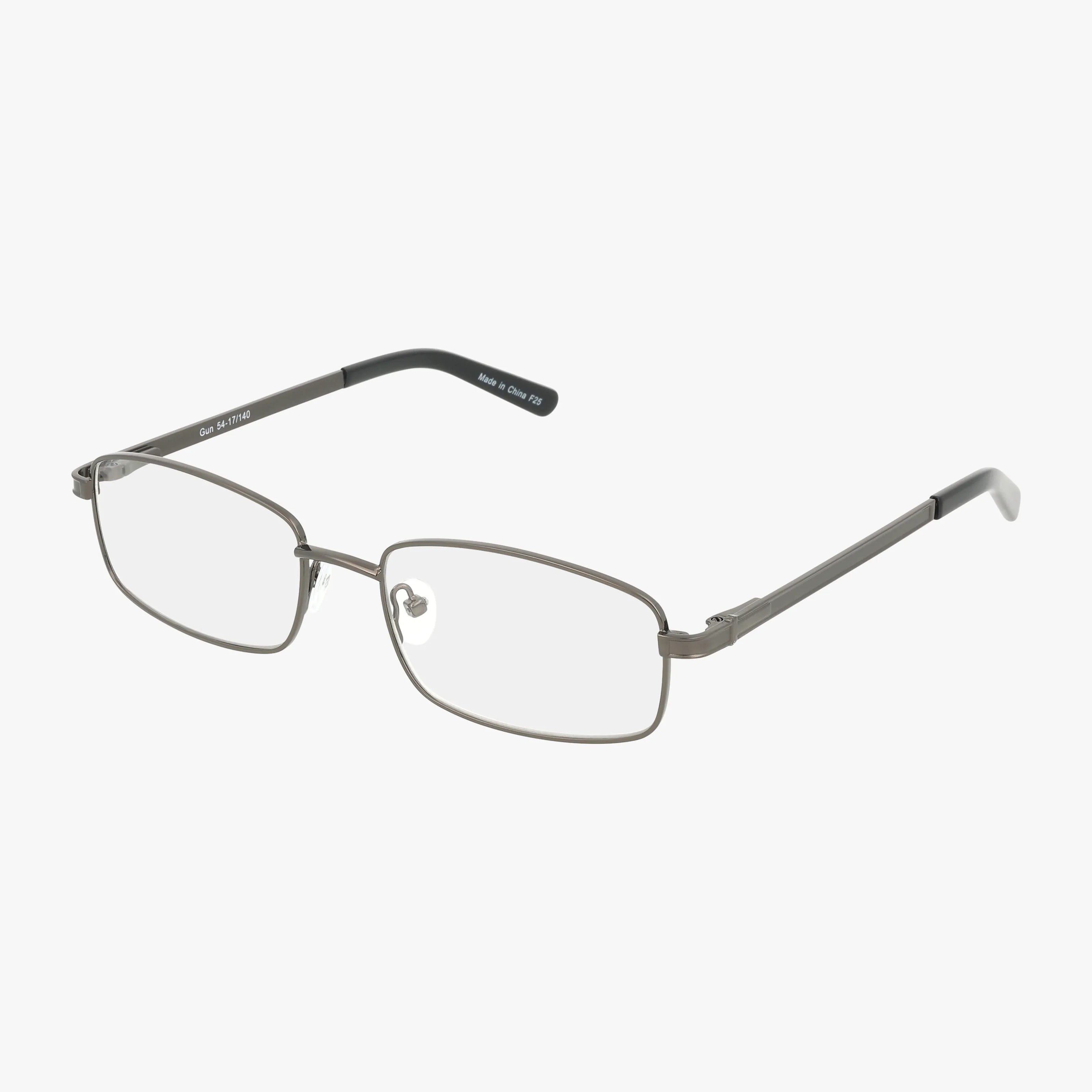 The 625 eyeglasses are rectangular and silver metal, featuring a stylish frame with black temple tips, clear lenses, and a well-balanced design, displayed on a white background.