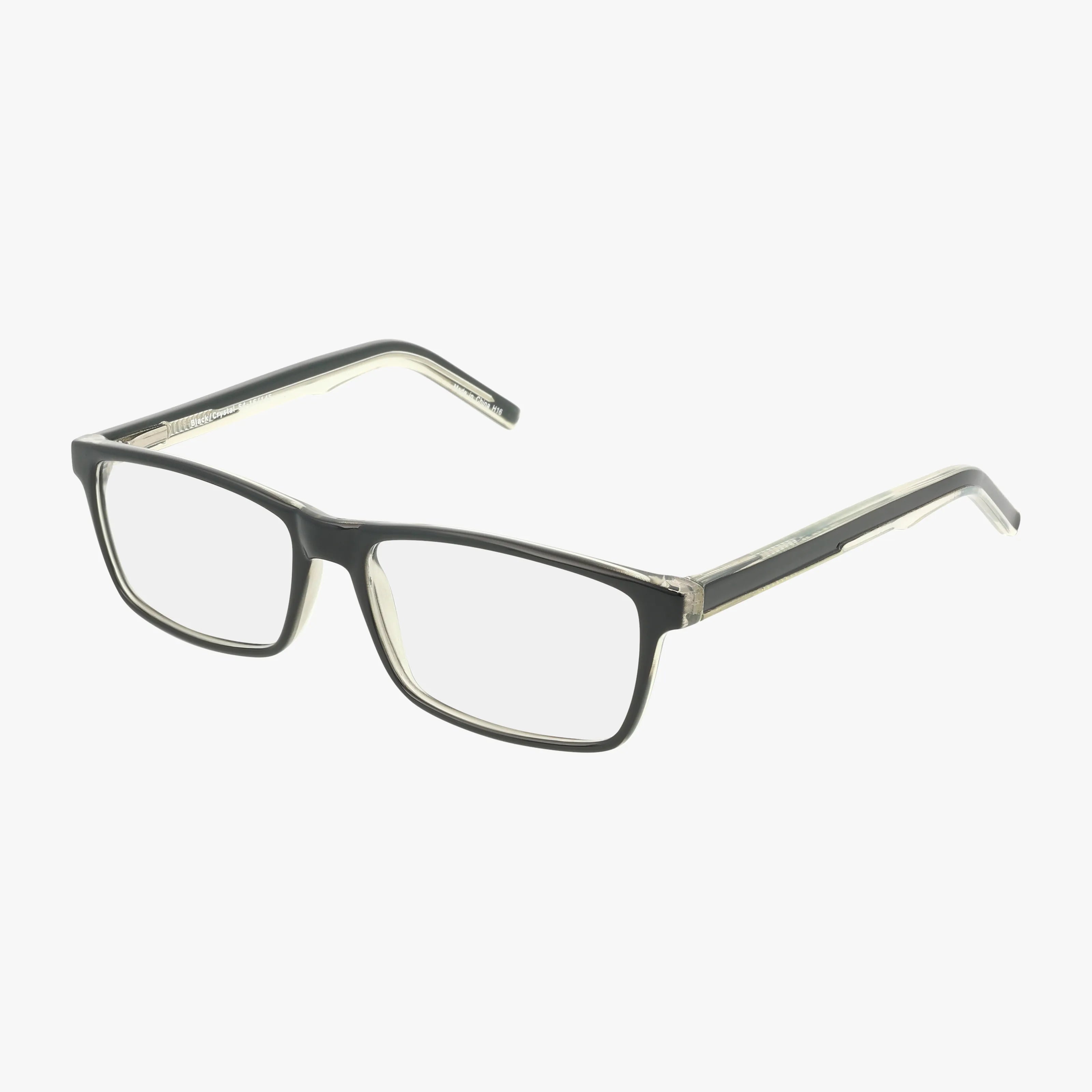 The "39" eyeglasses feature rectangular black frames and clear lenses, elegantly displayed at an angle on a white background—offering timeless style and superior vision.