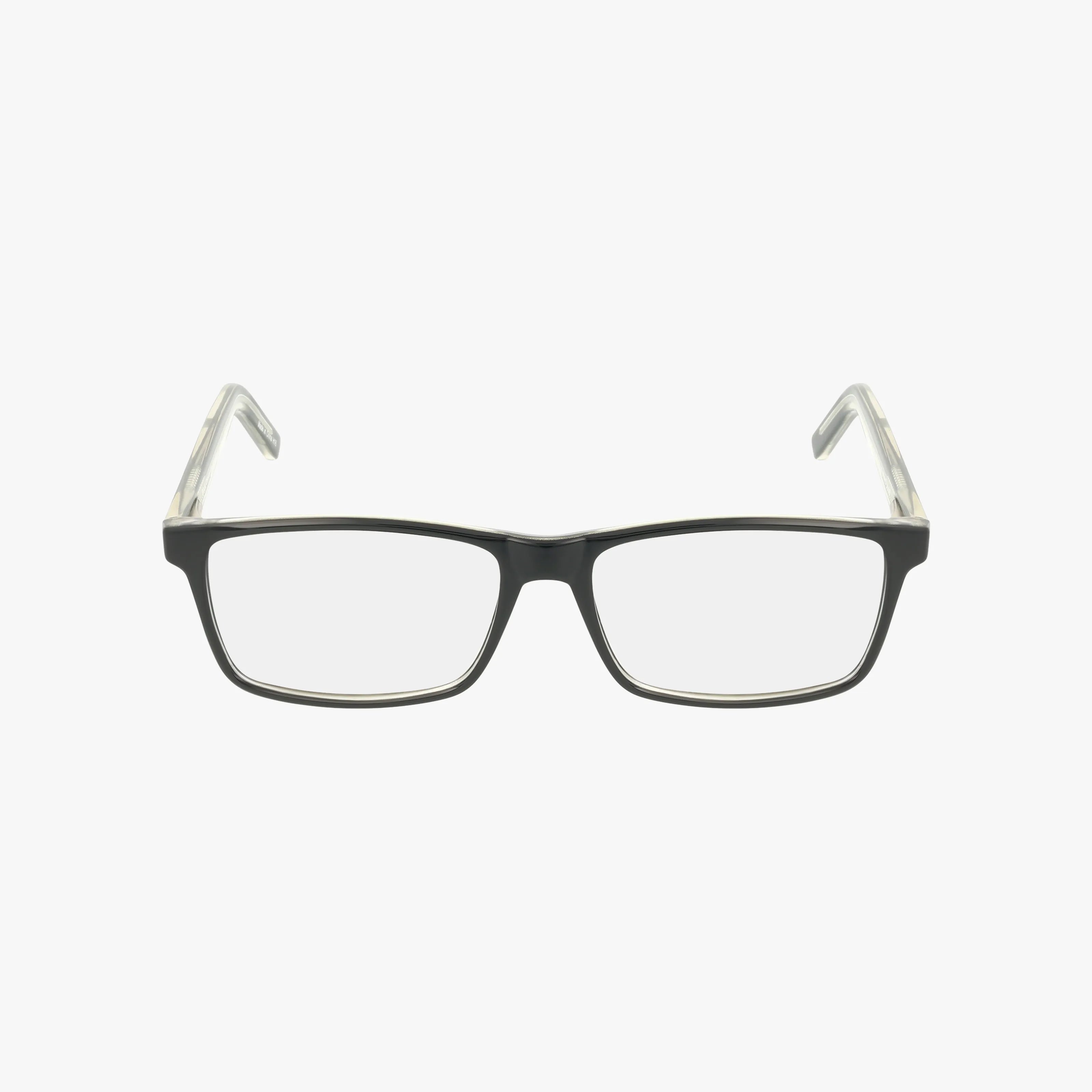 The 39 eyeglass frame features rectangular black rims, clear lenses, and translucent temple arms for a chic, timeless look, shown against a white background.