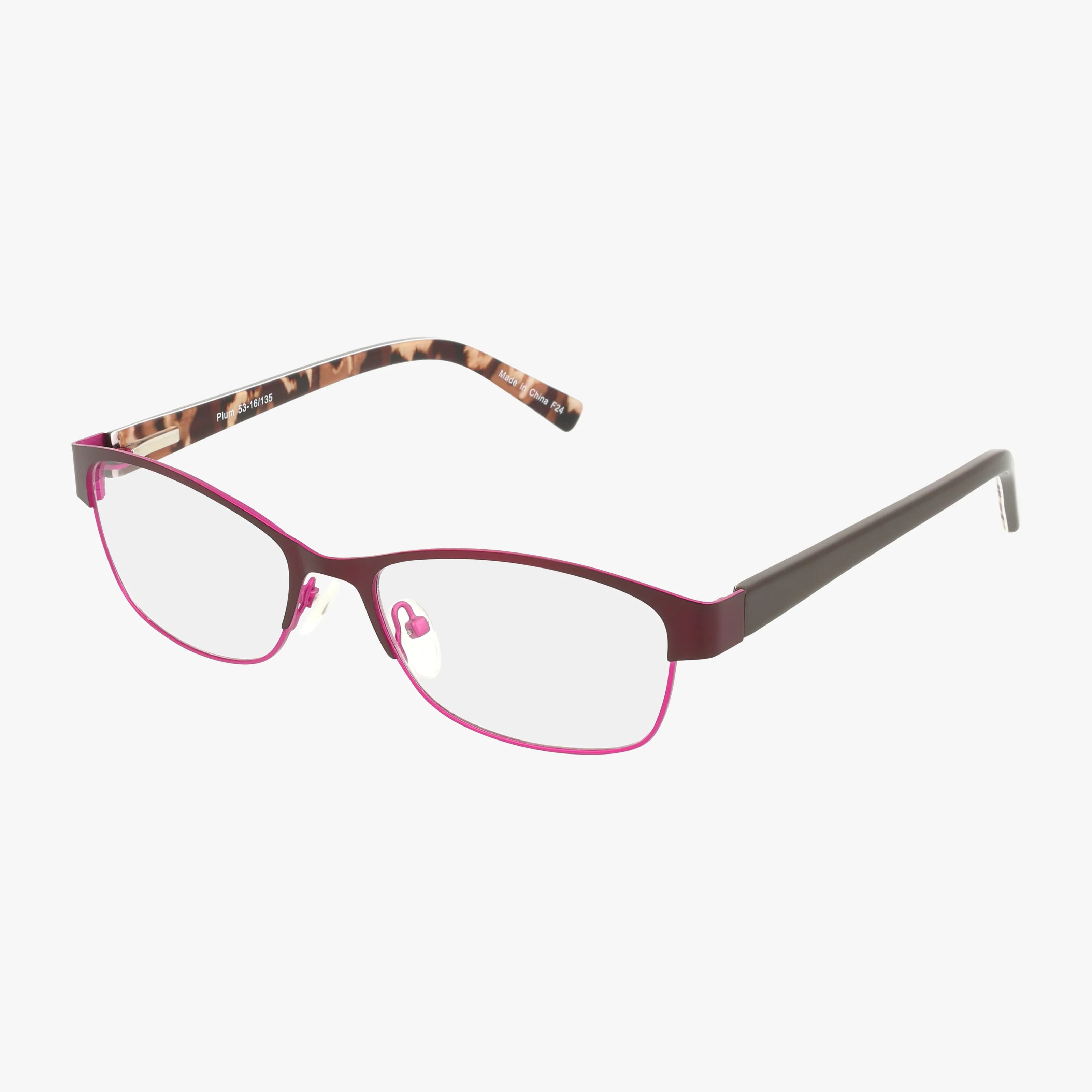 Product 651 is a pair of rectangular eyeglasses featuring a tailored metallic pink frame, clear lenses, pink nose pads, and tortoiseshell-patterned inner arms for a modern look.