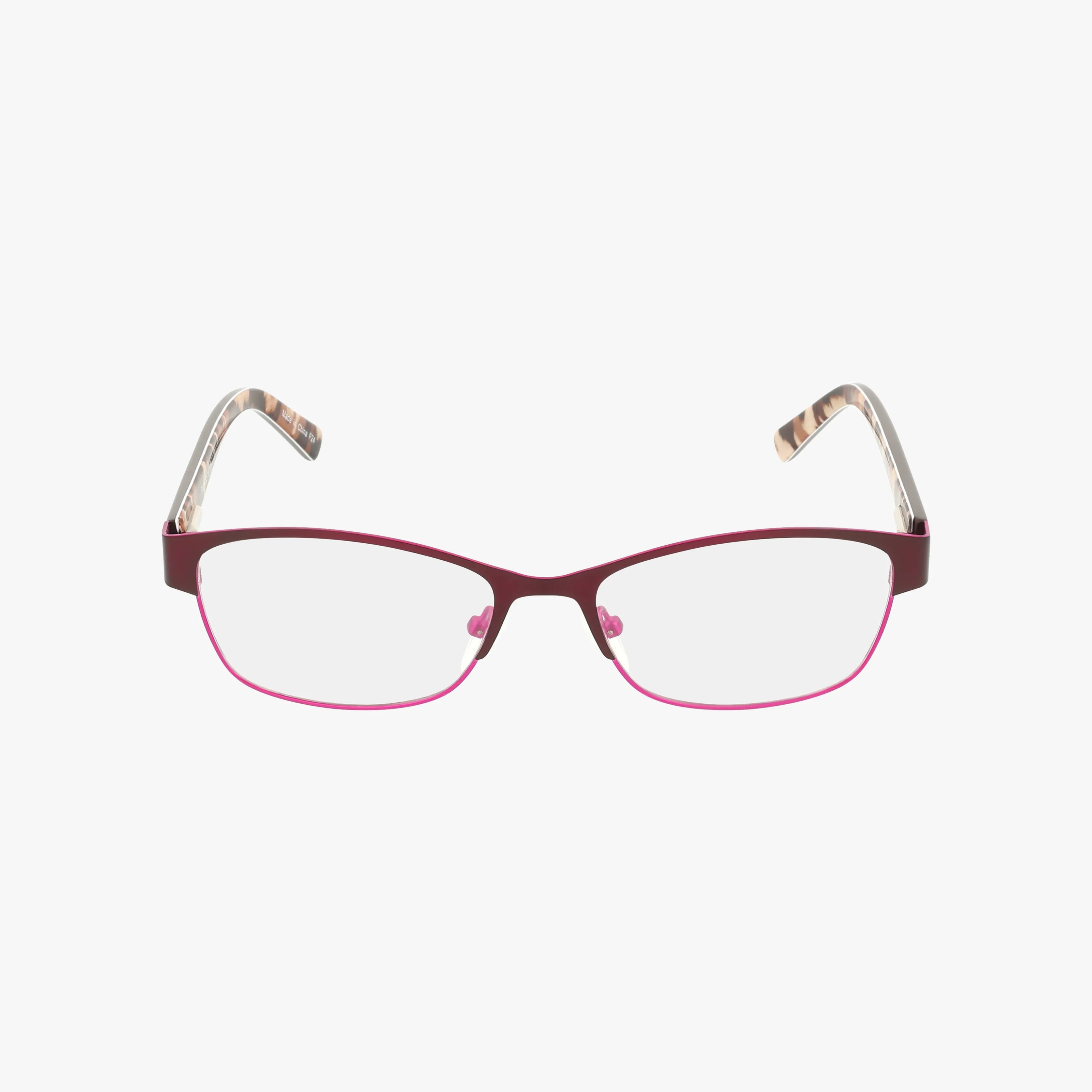 The 651 features rectangular eyeglasses with maroon frames, light pink accents on the lower rims, and beige-brown patterned temples for a stylish, durable look, displayed on a white background.