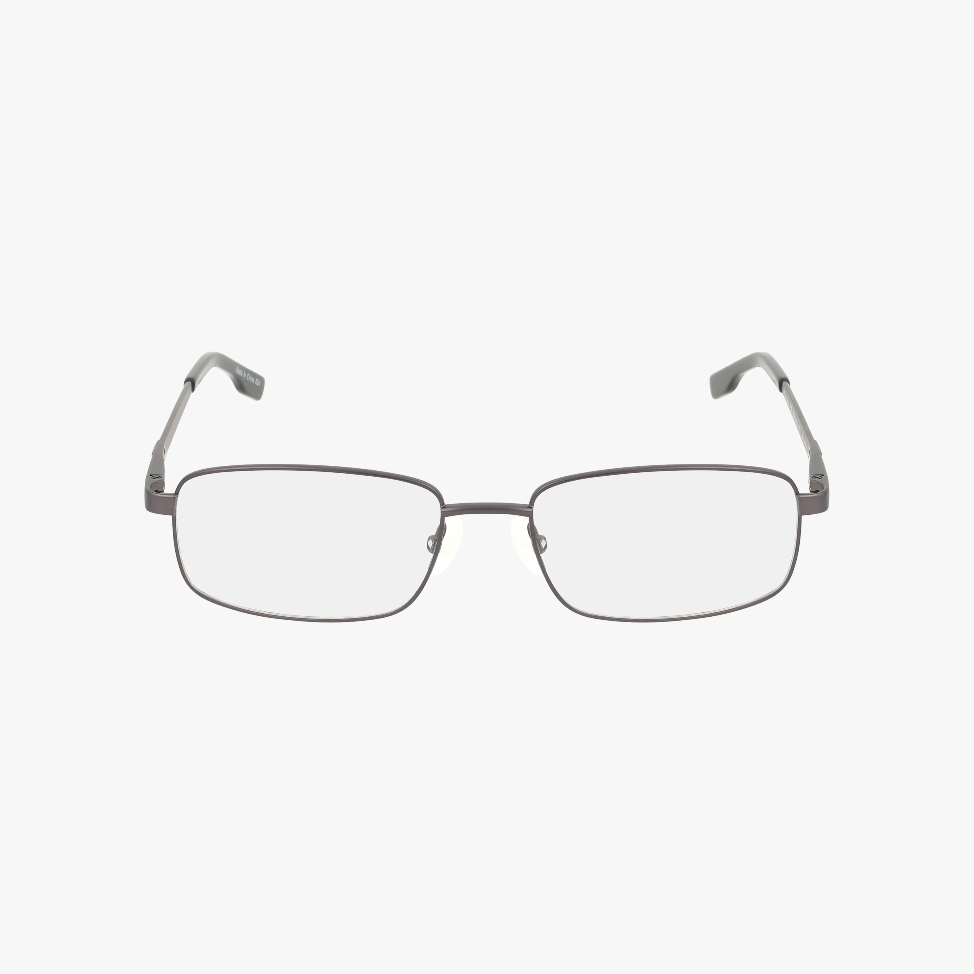The 143 eyeglasses feature a rectangular metal frame with modern design, clear prescription lenses, and black temple tips, displayed on a plain white background.