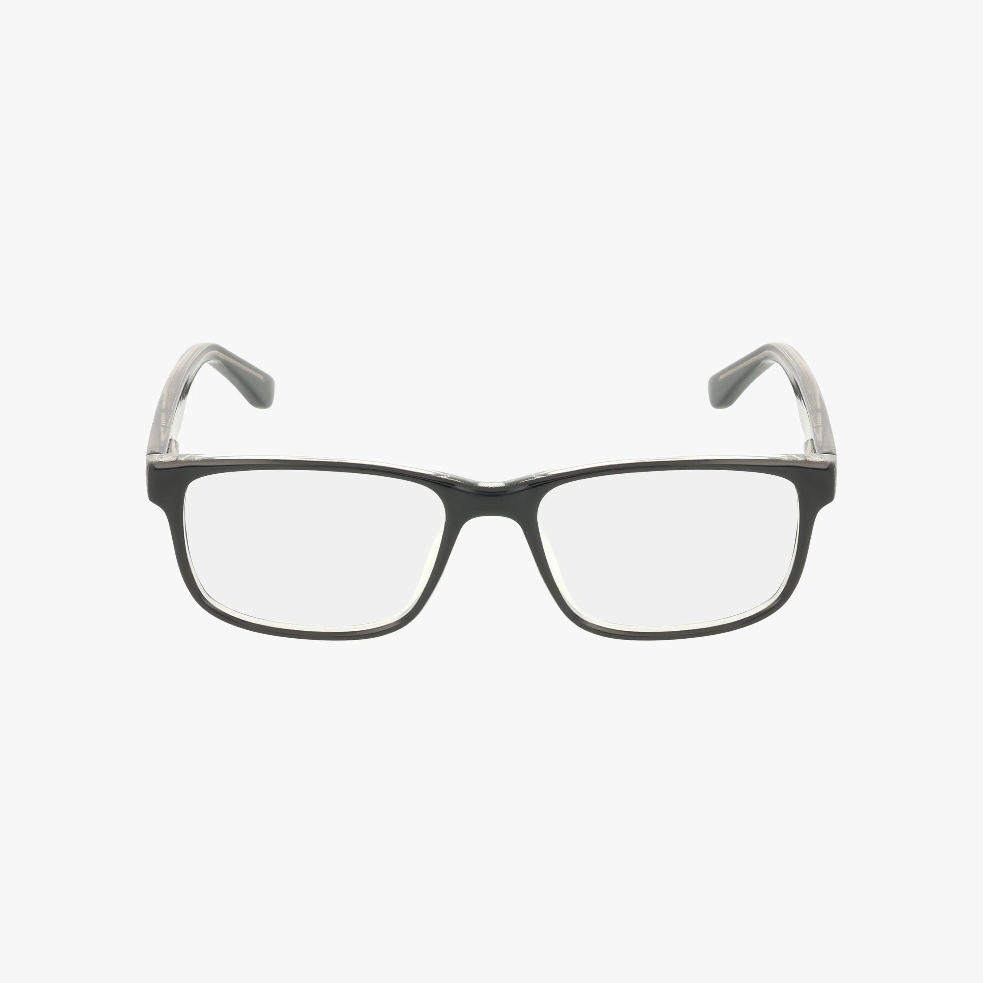 Rectangular black eyeglasses, Product Name: 56, with clear lenses, perfect for staying sharp at school; shown from the front on a white background.