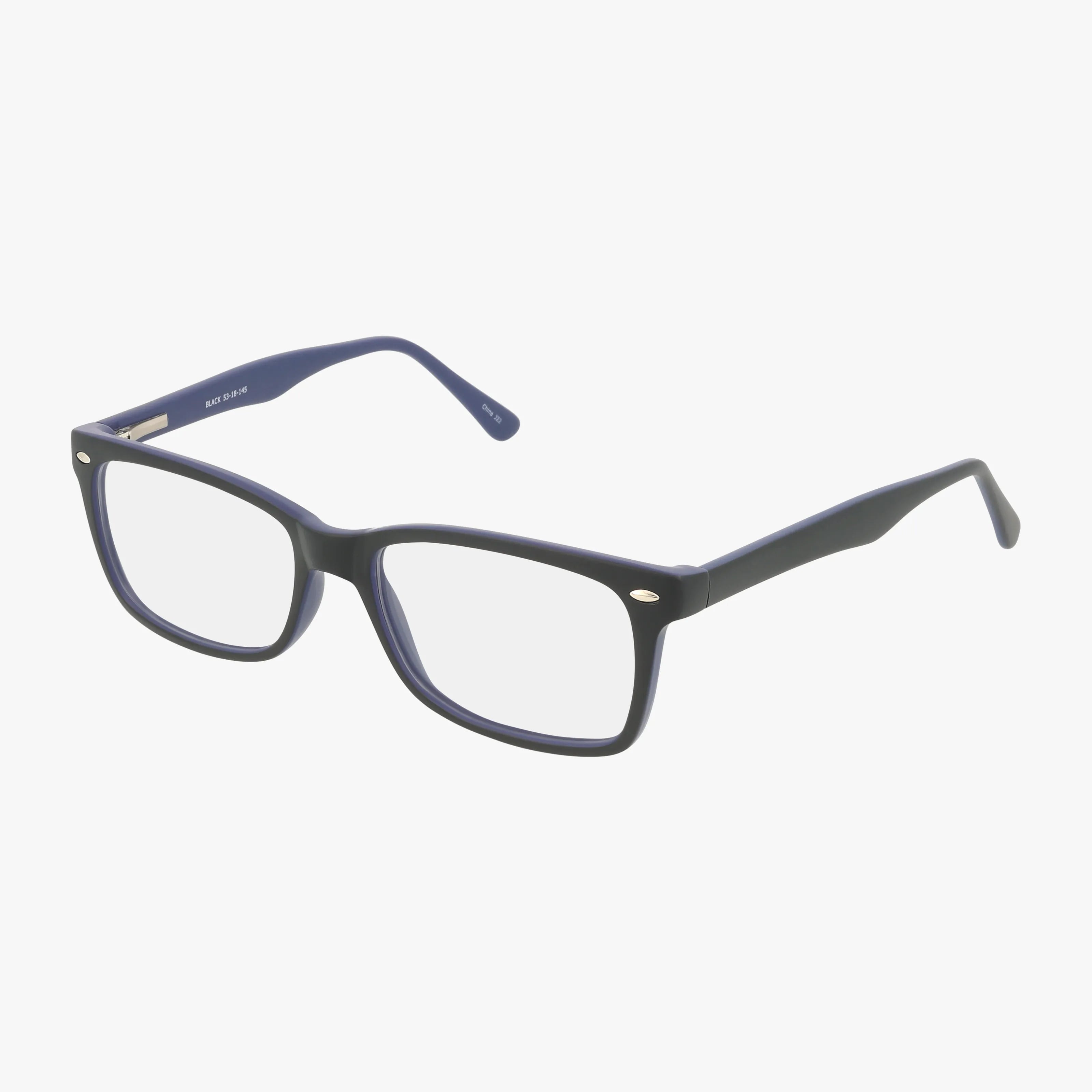 The 57 eyeglasses feature a black rectangular frame with clear prescription lenses, lightweight and minimalist design, slightly curved arms, and are displayed on a white background.