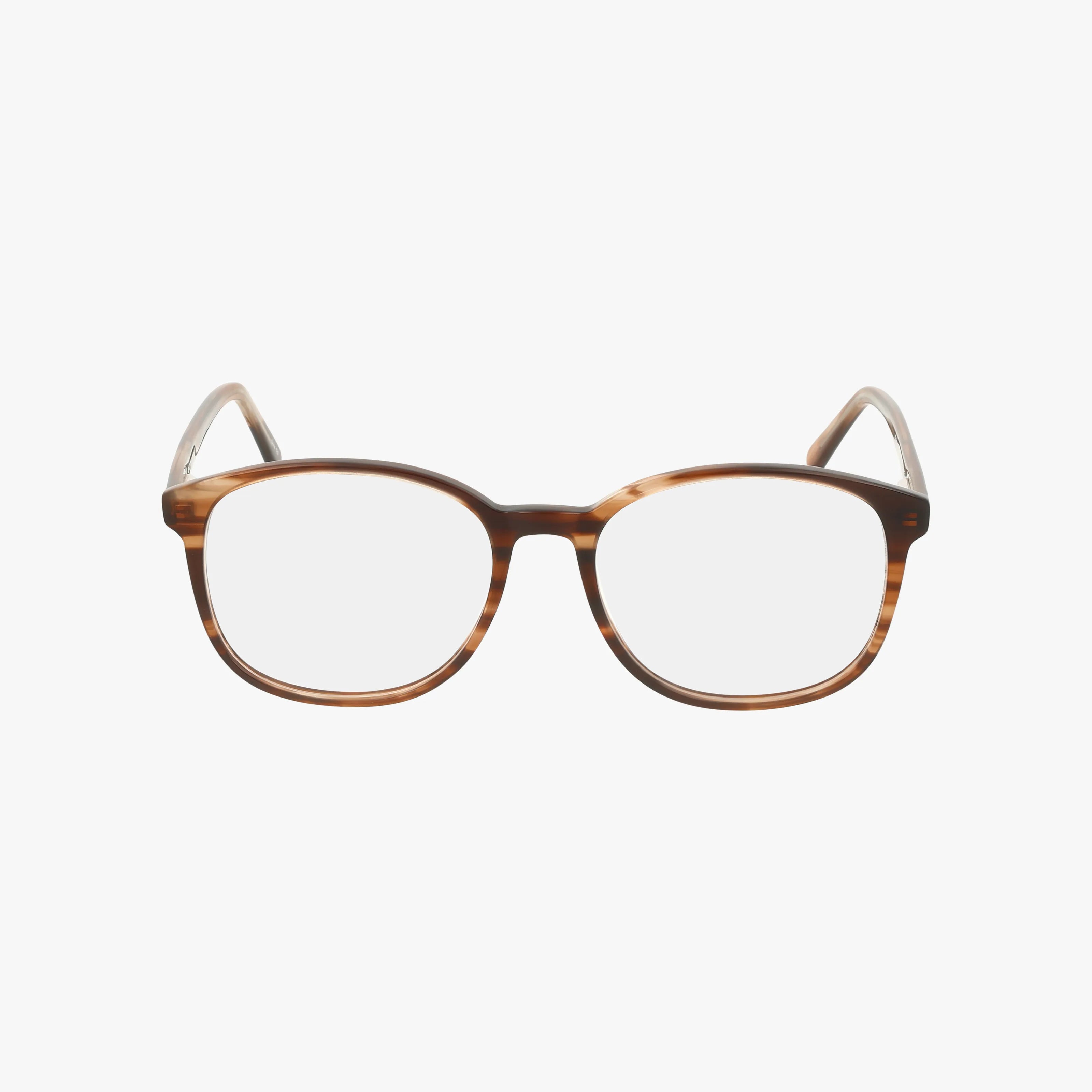 Product 456: Brown rectangular eyeglasses with clear lenses and a subtle tortoiseshell pattern on the frames, shown against a plain white background for a distinct and functional look.