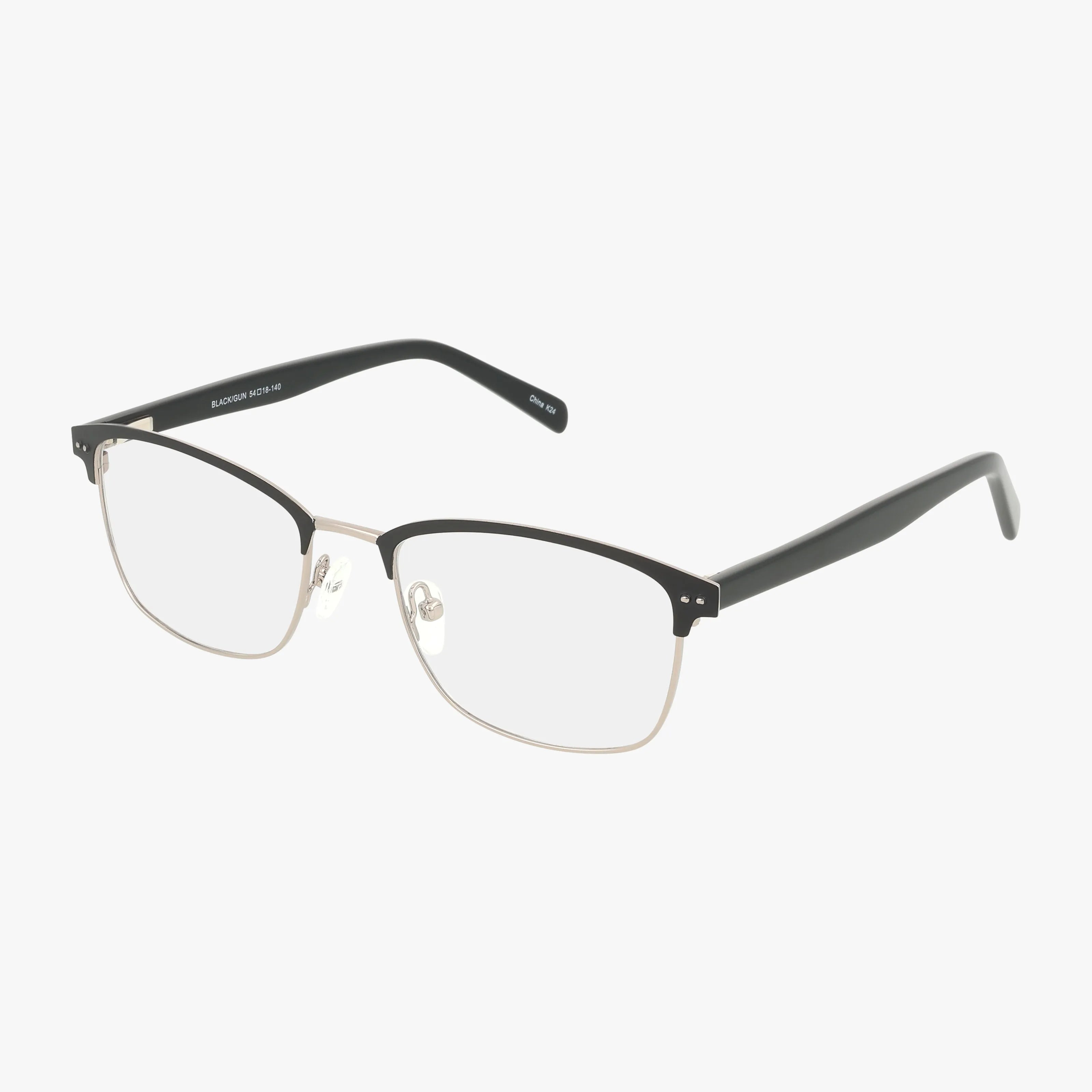 The 654 eyeglasses feature a rectangular, semi-rimless design with black upper frames, gold lower rims, clear lenses, and adjustable nose pads for durability and elegance.