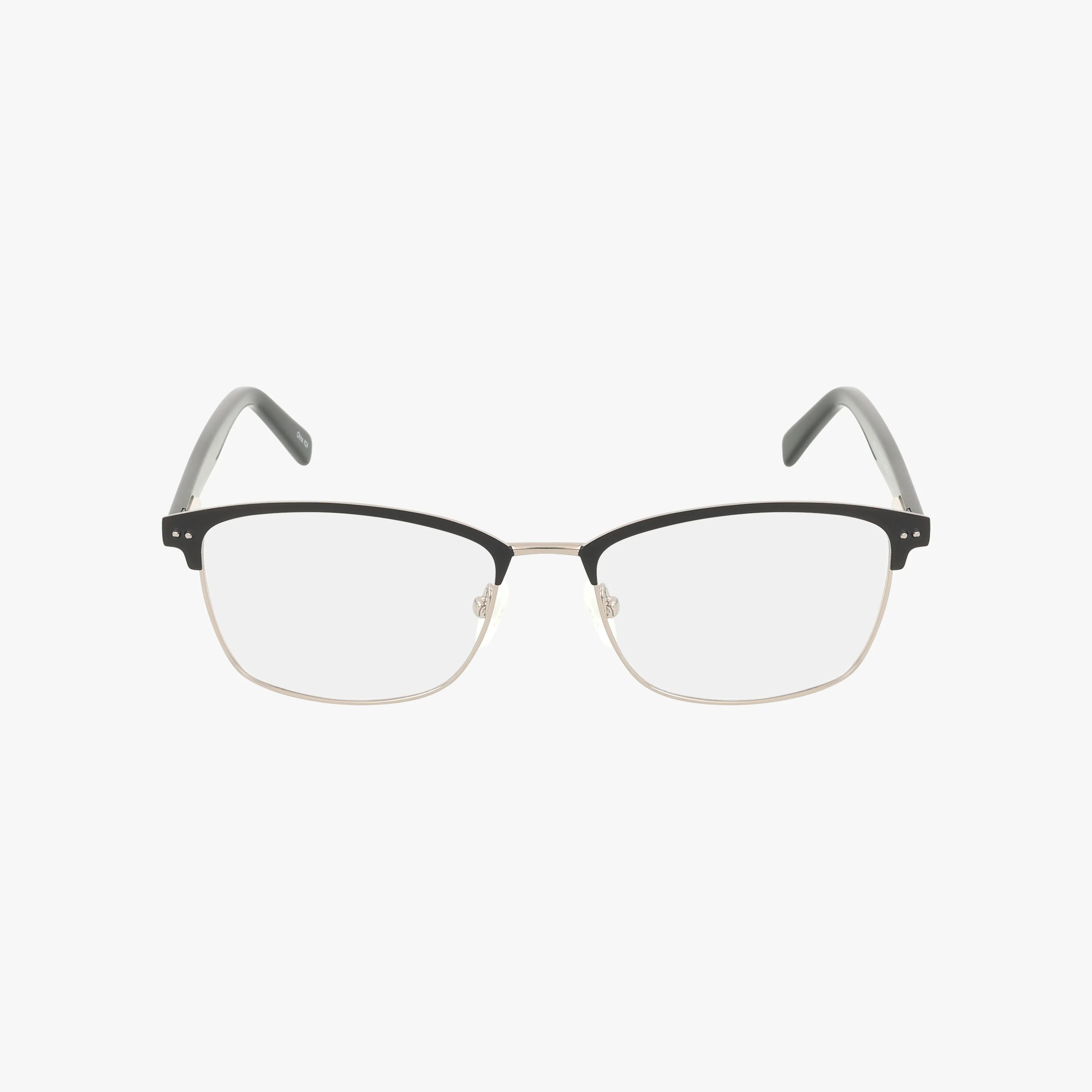 Product 654 features a black upper frame, gold lower rims, clear lenses, and gray temple arms, showcased on a white background for enduring elegance and refined style.