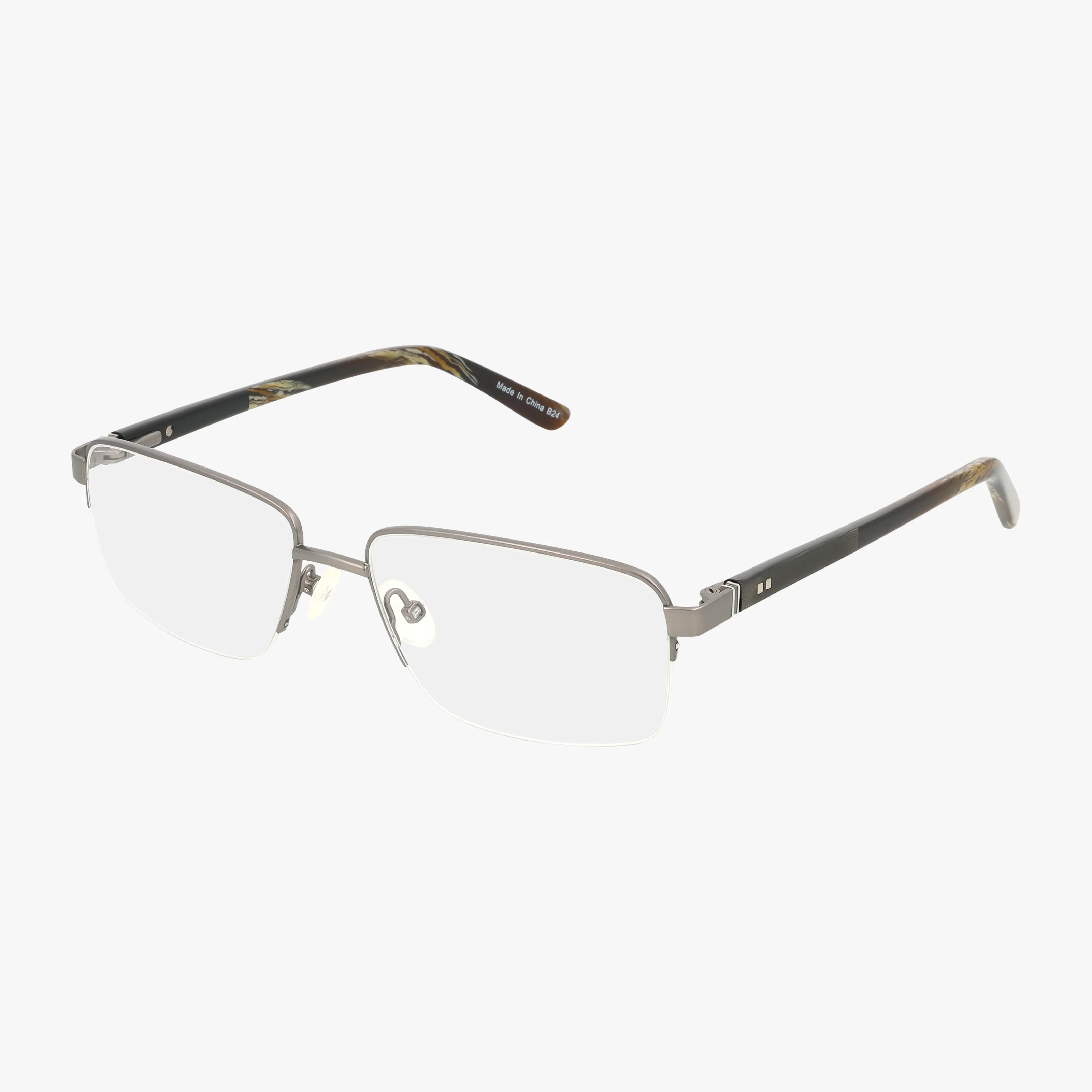 The 152 eyeglasses are semi-rimless with a modern rectangular frame, slim metal edges, black temples featuring a subtle pattern and silver accents, showcased on a white background.