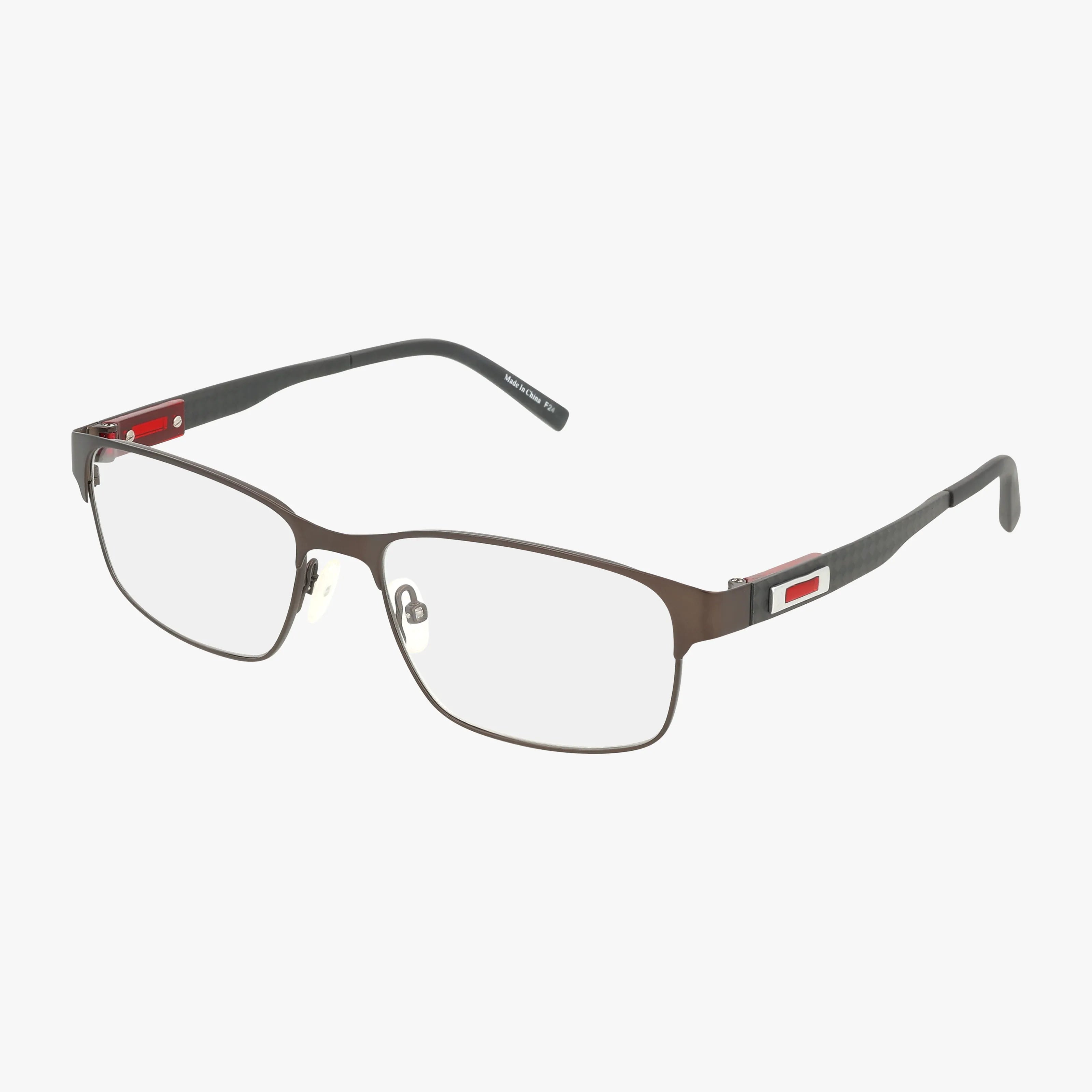The 155 eyeglasses are rectangular, brown metal frames with thin edges and black textured arms featuring red accents near the hinges—a contemporary style ideal for daily wear, shown on a white background.