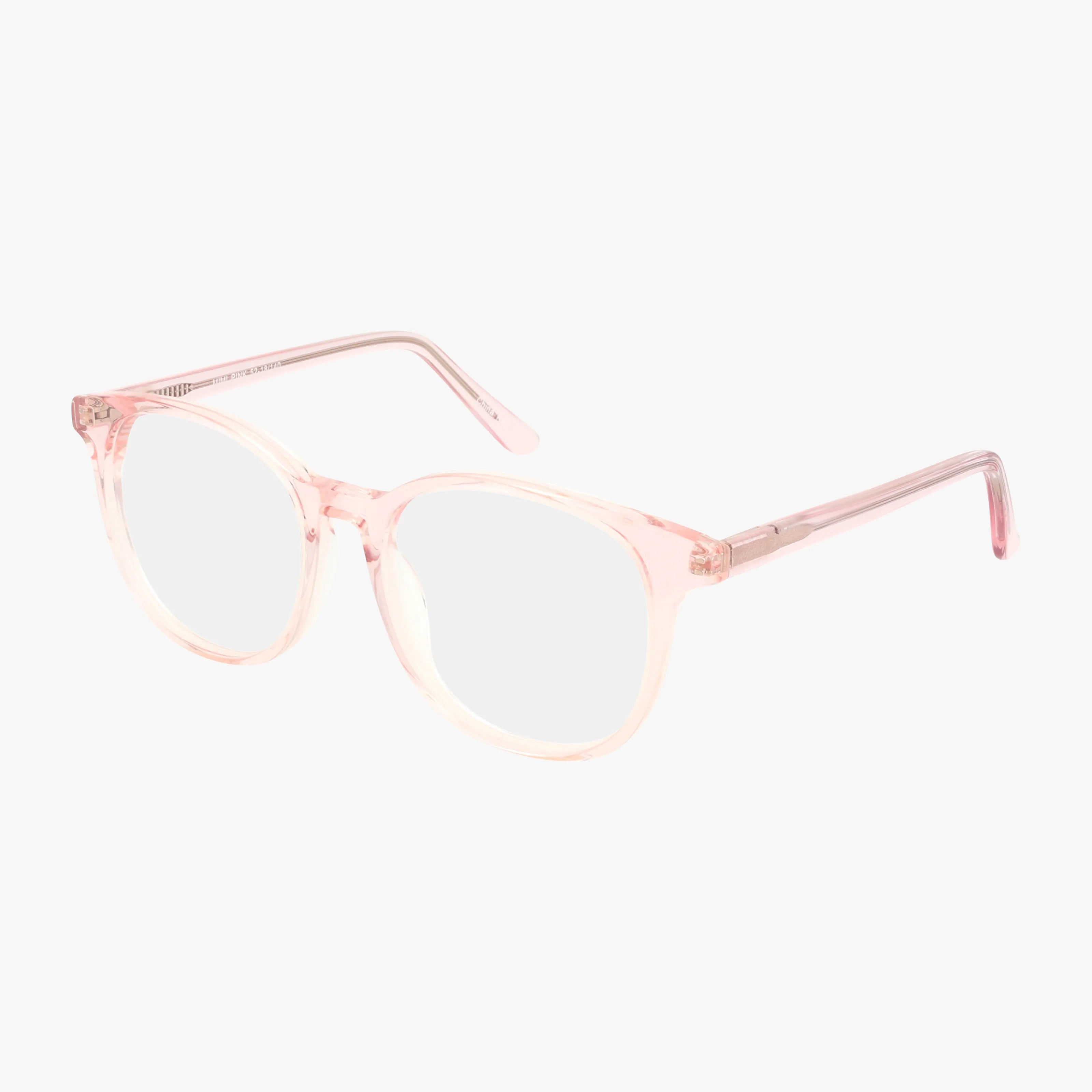 The 484 features translucent pink round lenses and thick classic frames, displayed at an angle on a white background—ideal for fans of stylish eyewear.