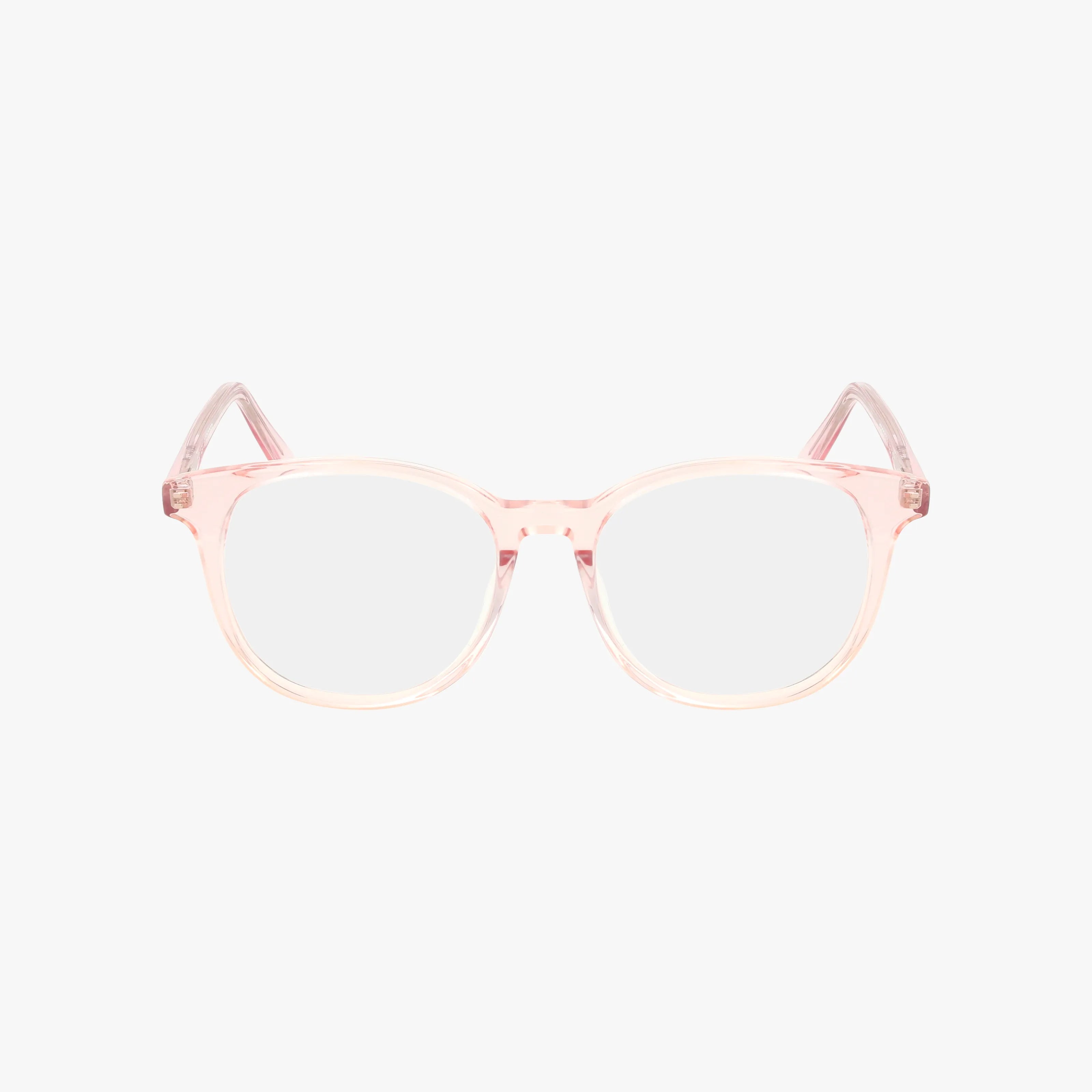 The 484 eyeglasses feature transparent pink, round lenses with a subtle cat-eye shape and a classic-meets-modern frame, displayed against a plain white background.