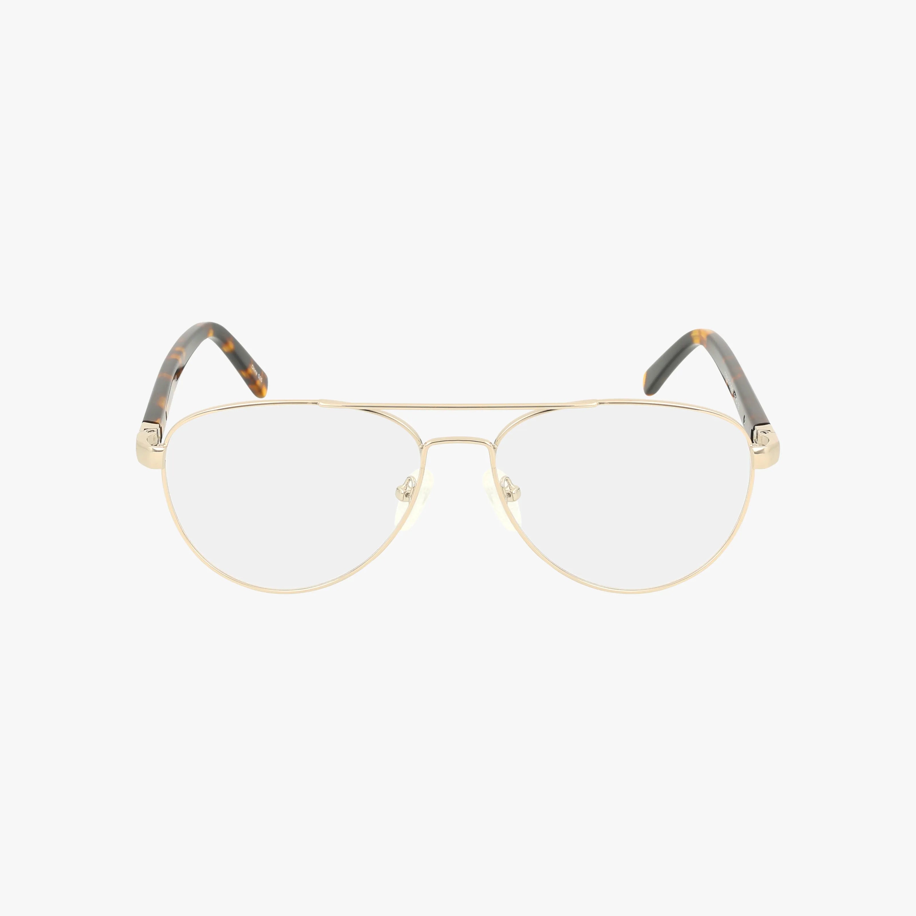 Model 670 aviator eyeglasses pair gold metal frames with Transitions lenses and tortoiseshell-patterned temple tips, blending strength and style. Shown against a plain white background.