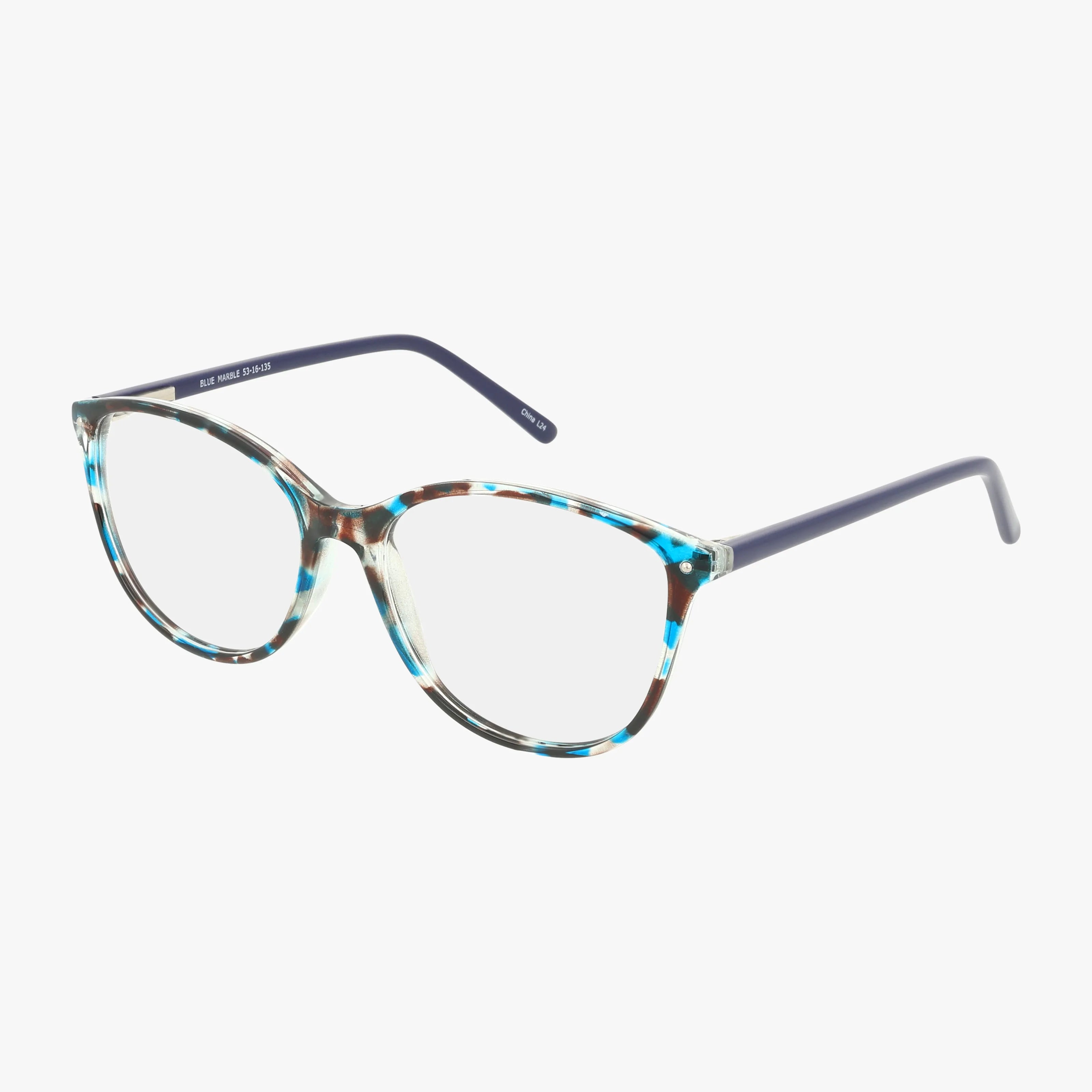 71 cat-eye eyeglasses offer a modern look with a blue, brown, and white tortoiseshell front and solid dark blue arms. The durable frame ensures lasting wear. Displayed against a white background.