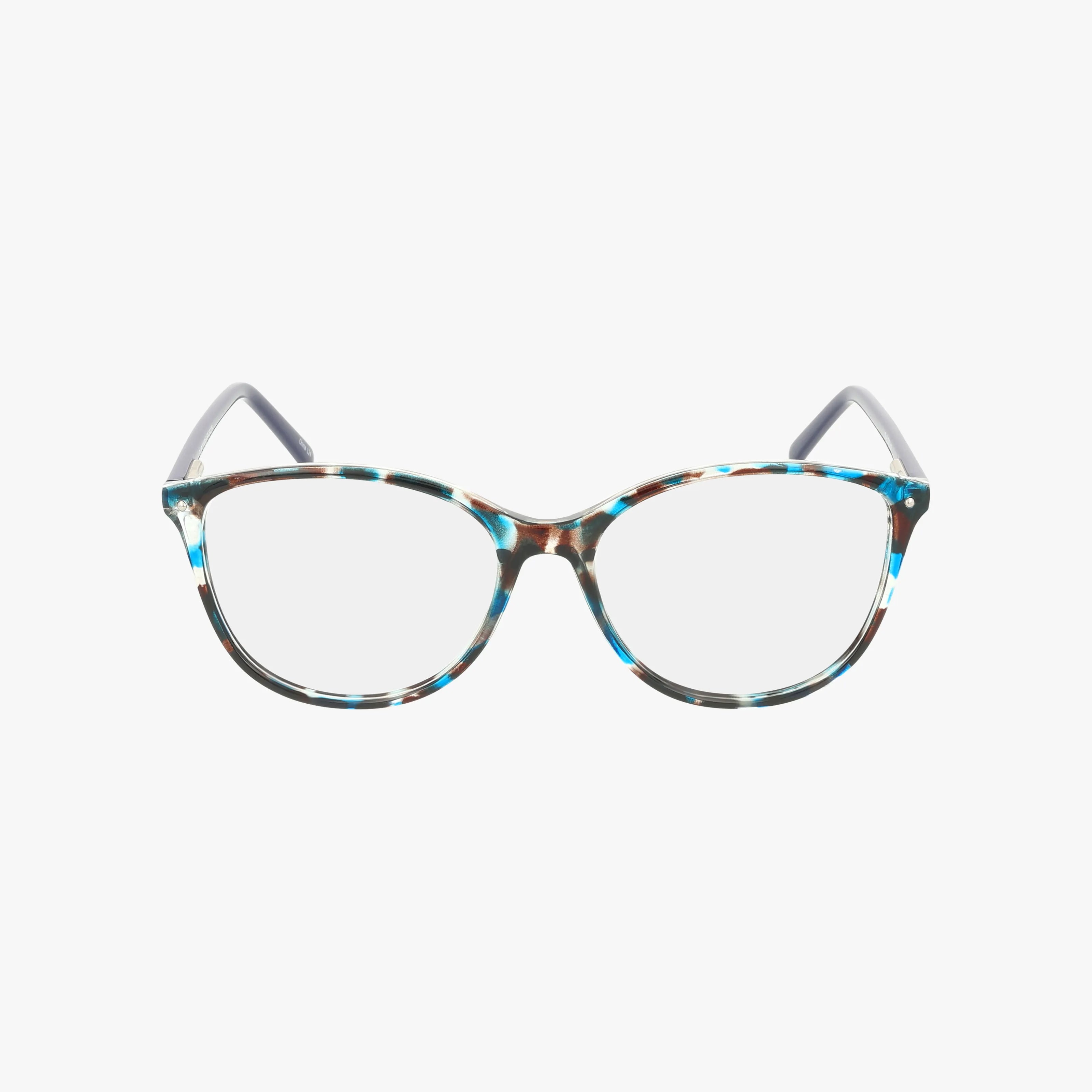 71 eyeglasses feature cat-eye frames in a multicolored tortoiseshell pattern with blue, brown, and white shades, offering a contemporary design and displayed on a white background.