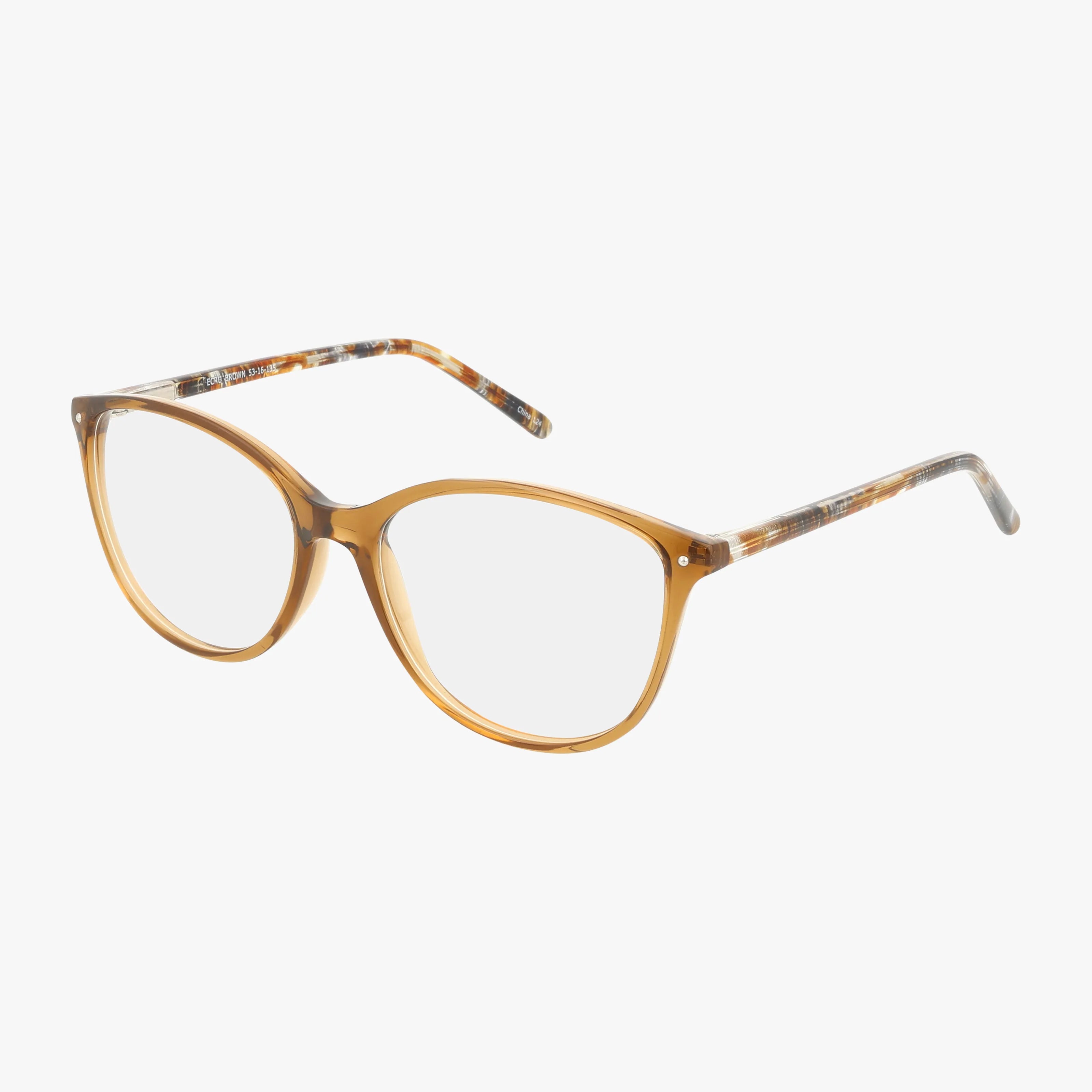 The 71 eyeglasses feature a resilient frame in transparent light brown cat-eye shapes with clear lenses, finished with marbled brown and beige temples on a white background.