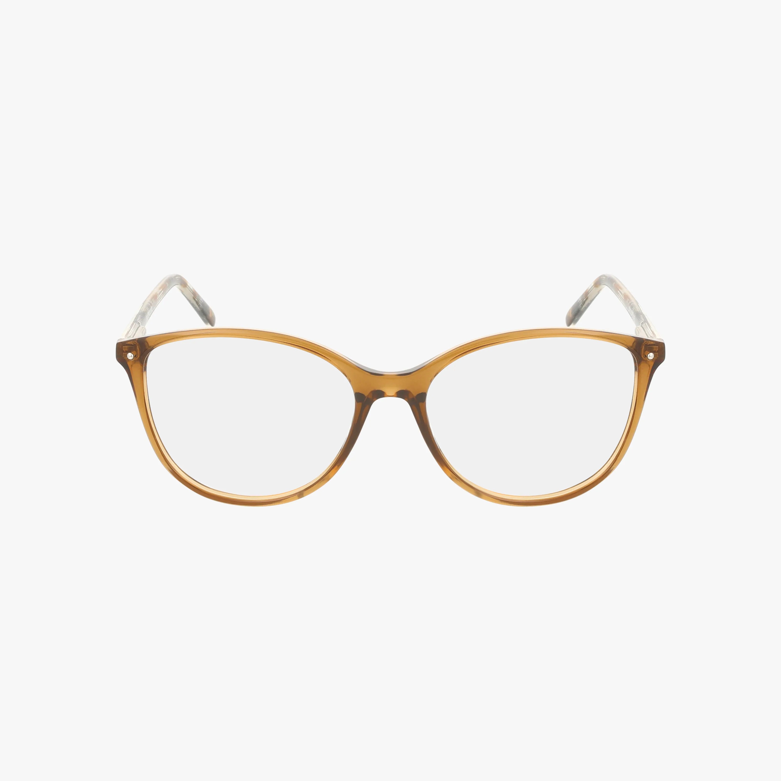 Front view of Product 71 eyeglasses with light brown, semi-transparent round frames and clear temples, featuring a modern design and durable frame, set against a plain white background.