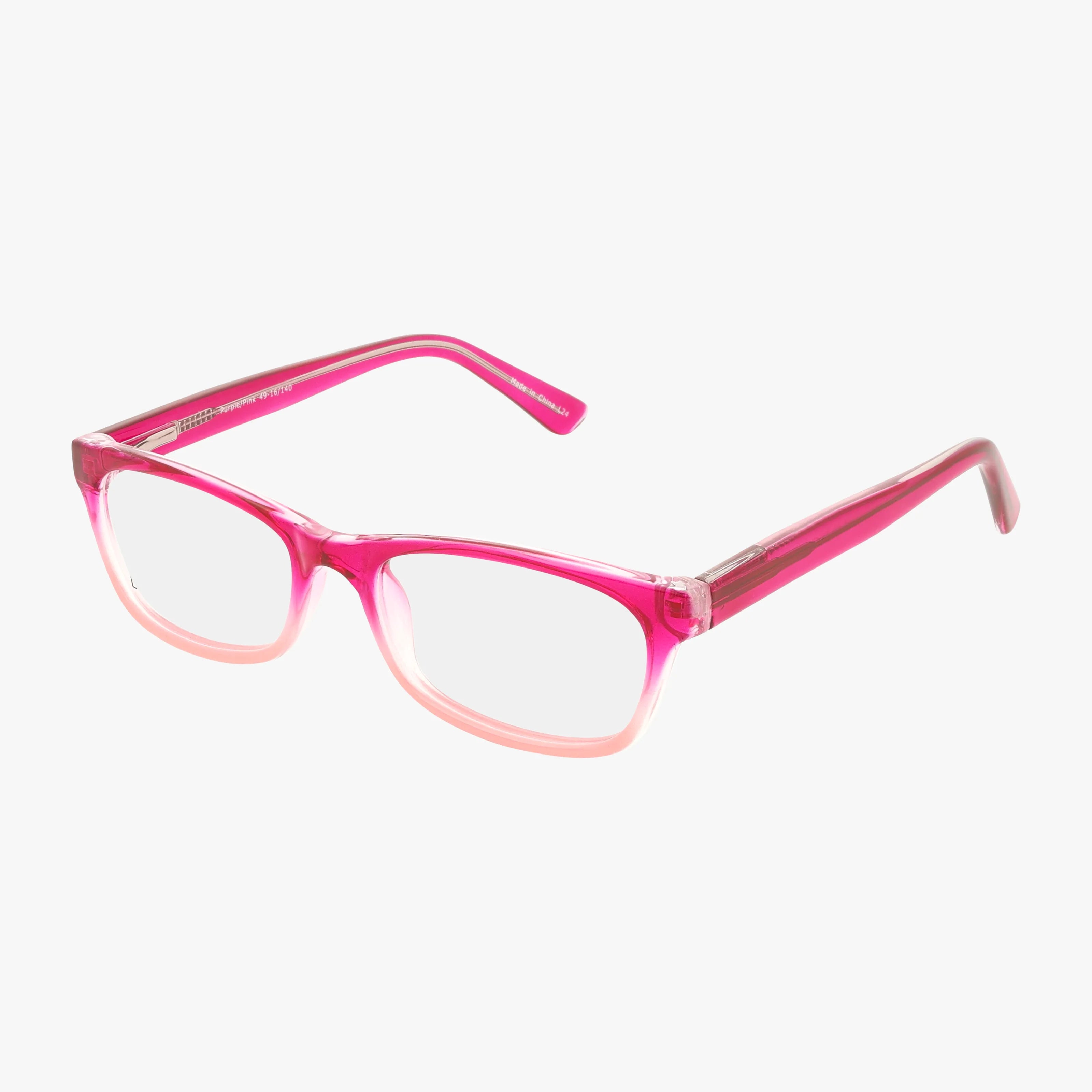 The 72 eyeglasses feature rectangular transparent pink frames and clear lenses, designed to help you stand out, displayed on a white background.
