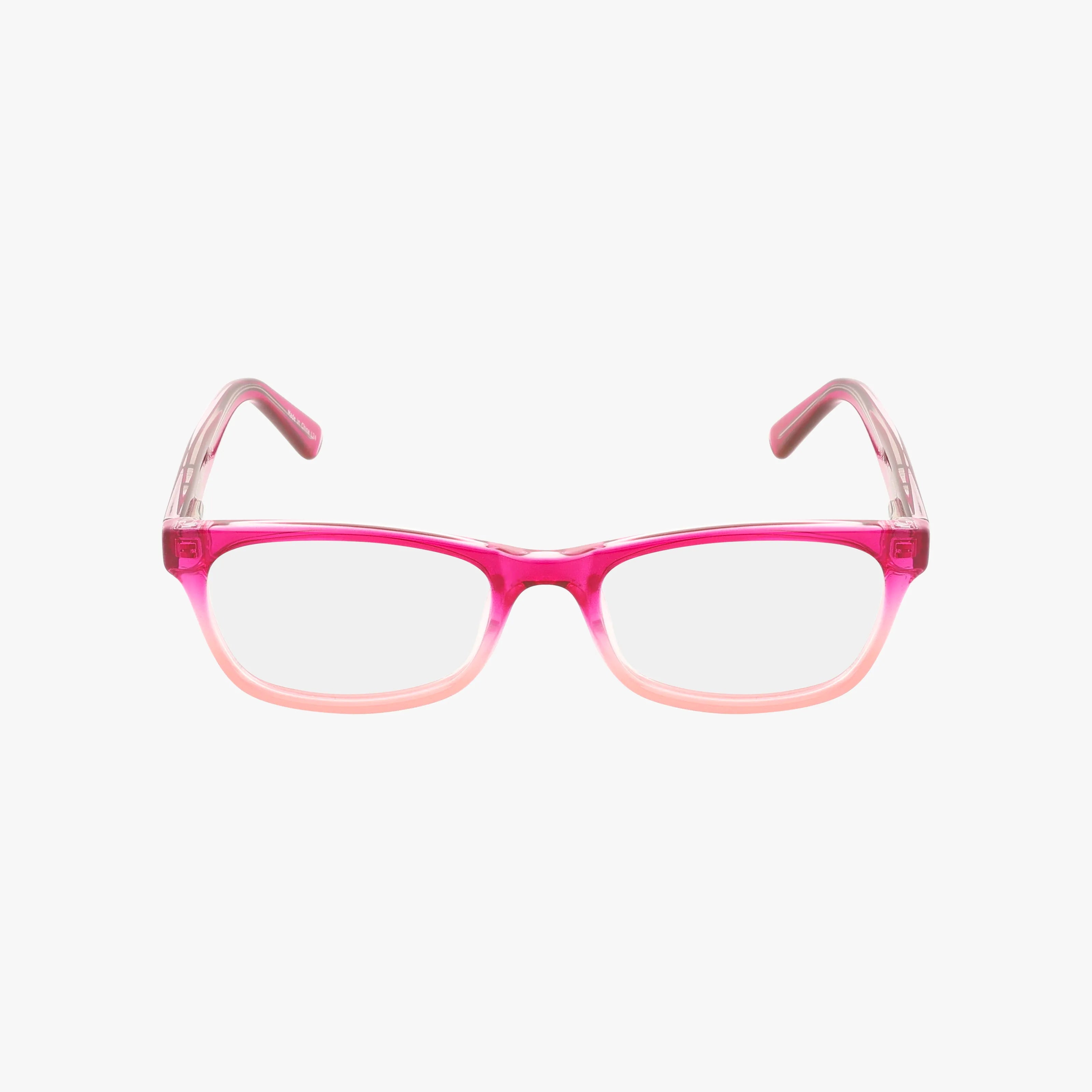 The 72 features rectangular transparent lenses and a pink-to-light-pink gradient plastic frame, designed to help you stand out, shown on a white background.