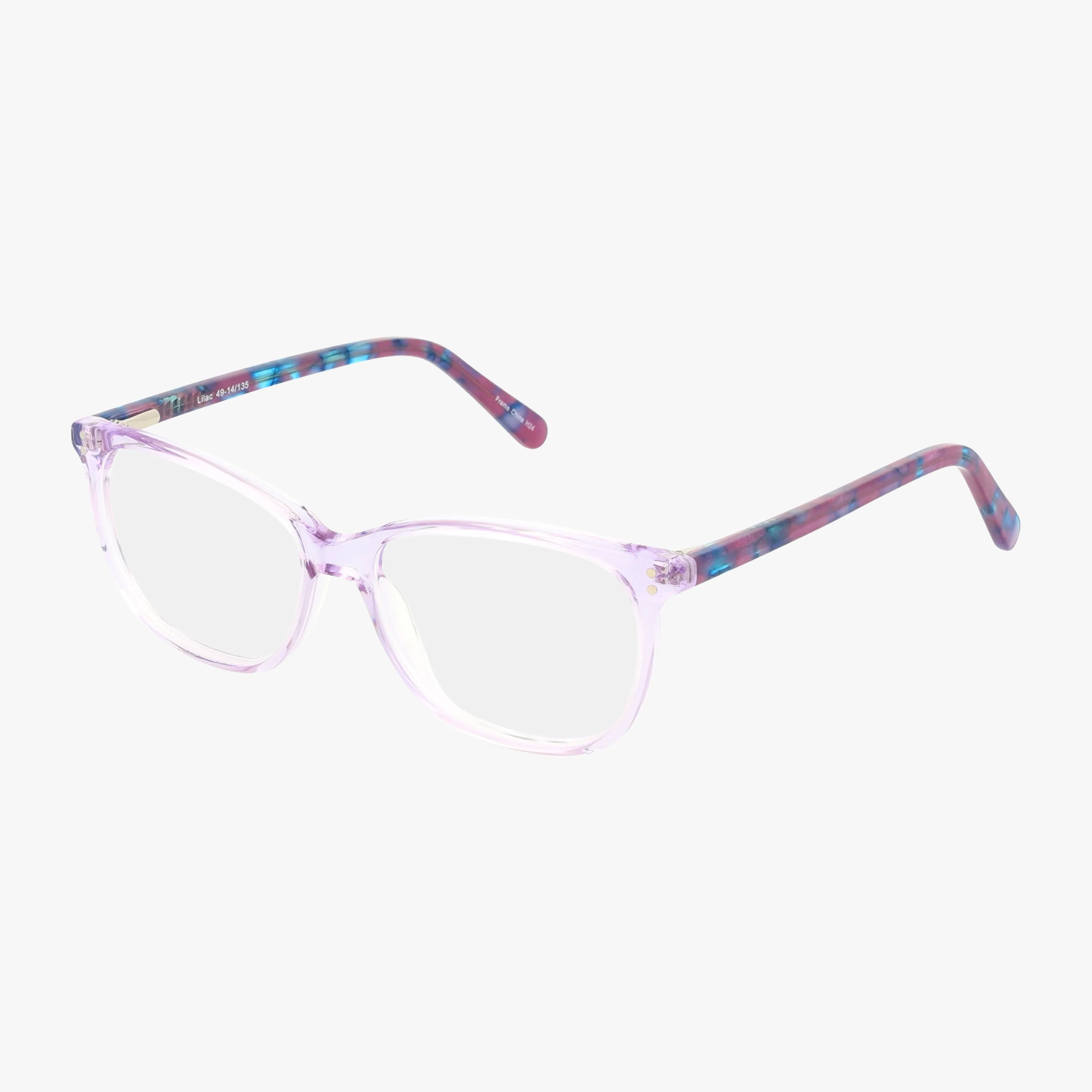The 320 eyeglasses feature transparent pink frames and multicolored purple and blue patterned arms, designed to help you stand out as the Head of the Class. Displayed on a white background.