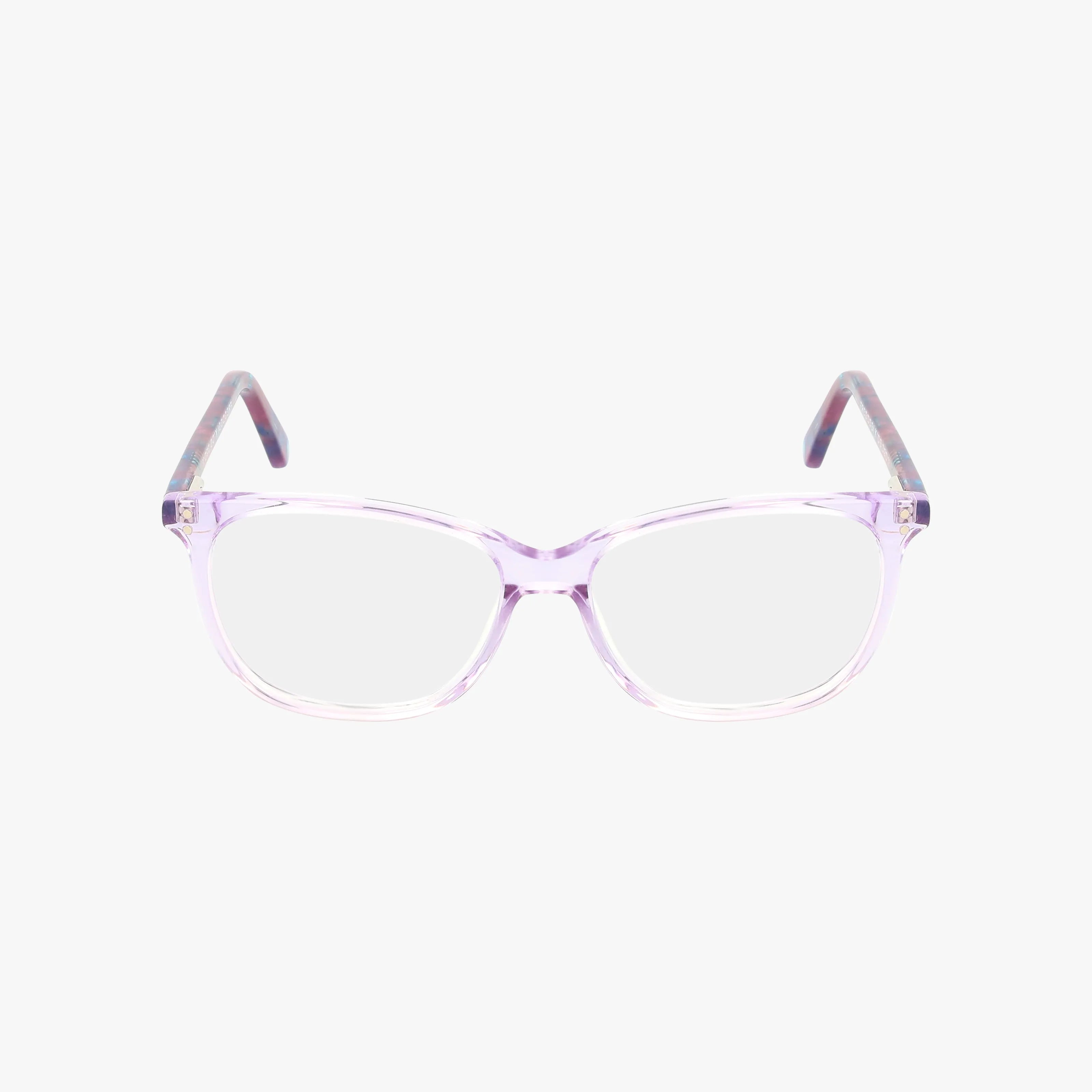 The 320 eyeglasses feature transparent, light purple frames and matching temples, perfectly showcased against a plain white background.