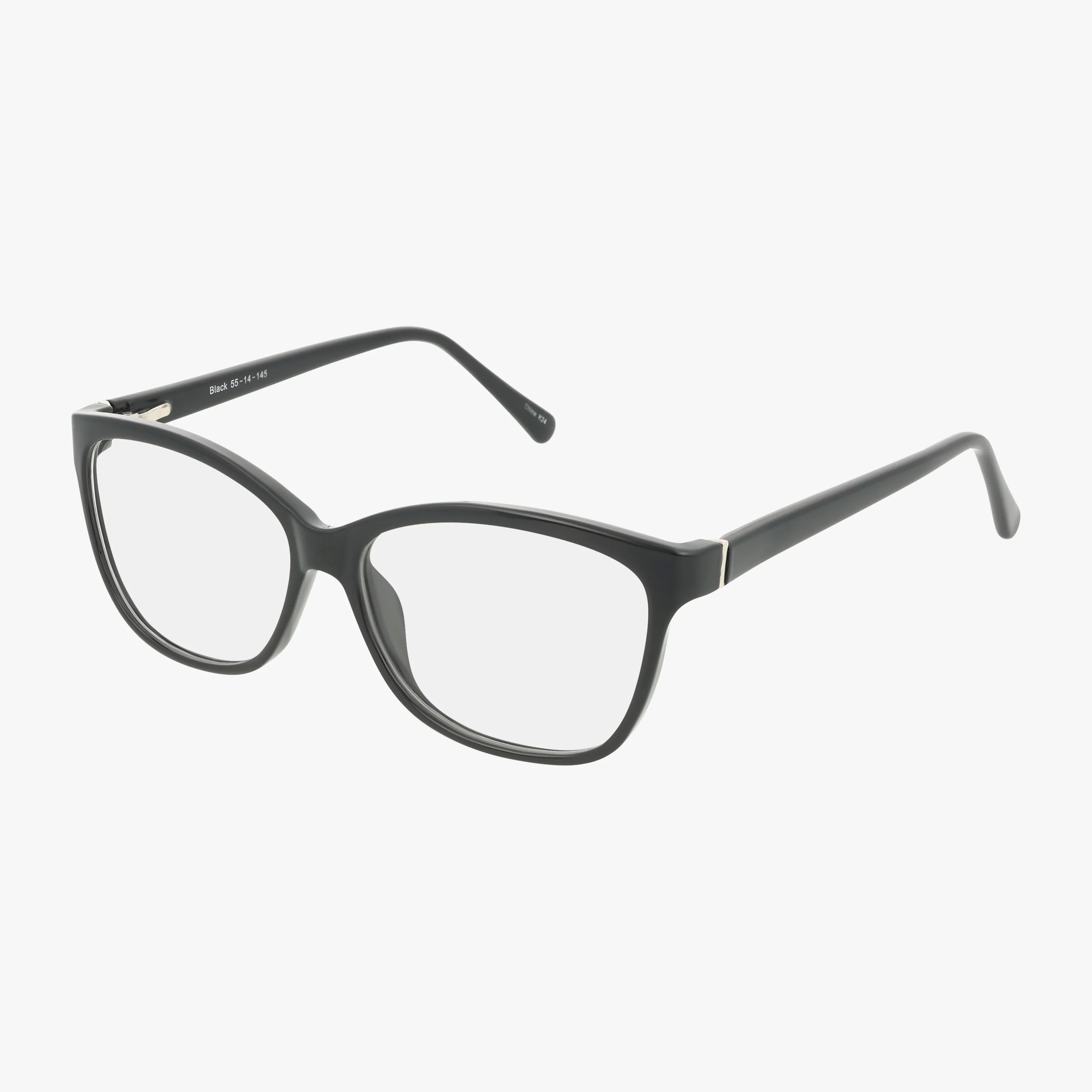 77 full-rim black eyeglasses with rectangular, slightly rounded lenses, straight arms, and a durable frame. Displayed on a white background, these fashion frames feature a subtle silver accent at the hinges.