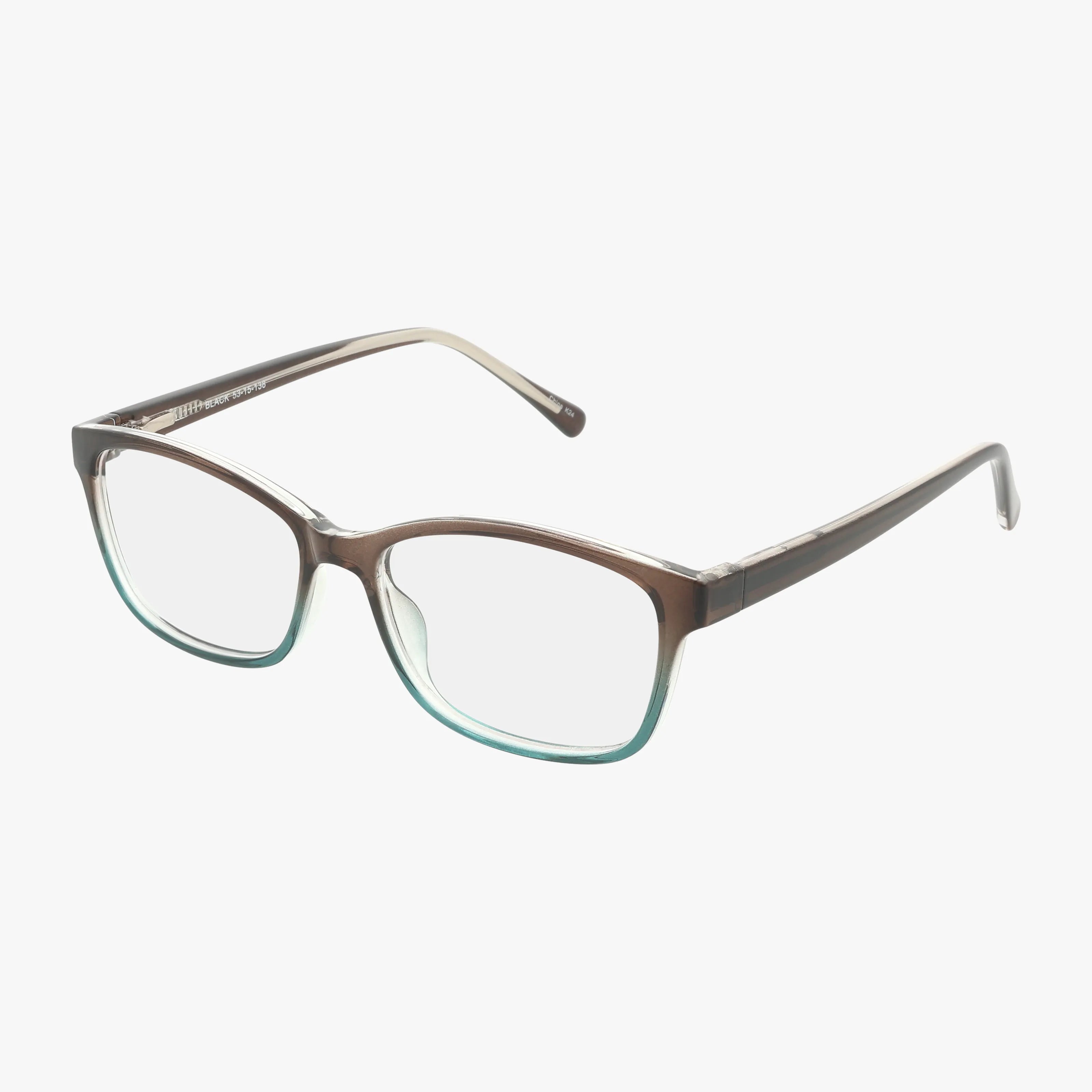 Presenting "78": eyeglasses with rectangular lenses and a stylish frame, featuring gradient colors that shift from brown at the top to teal at the bottom, shown against a white background.