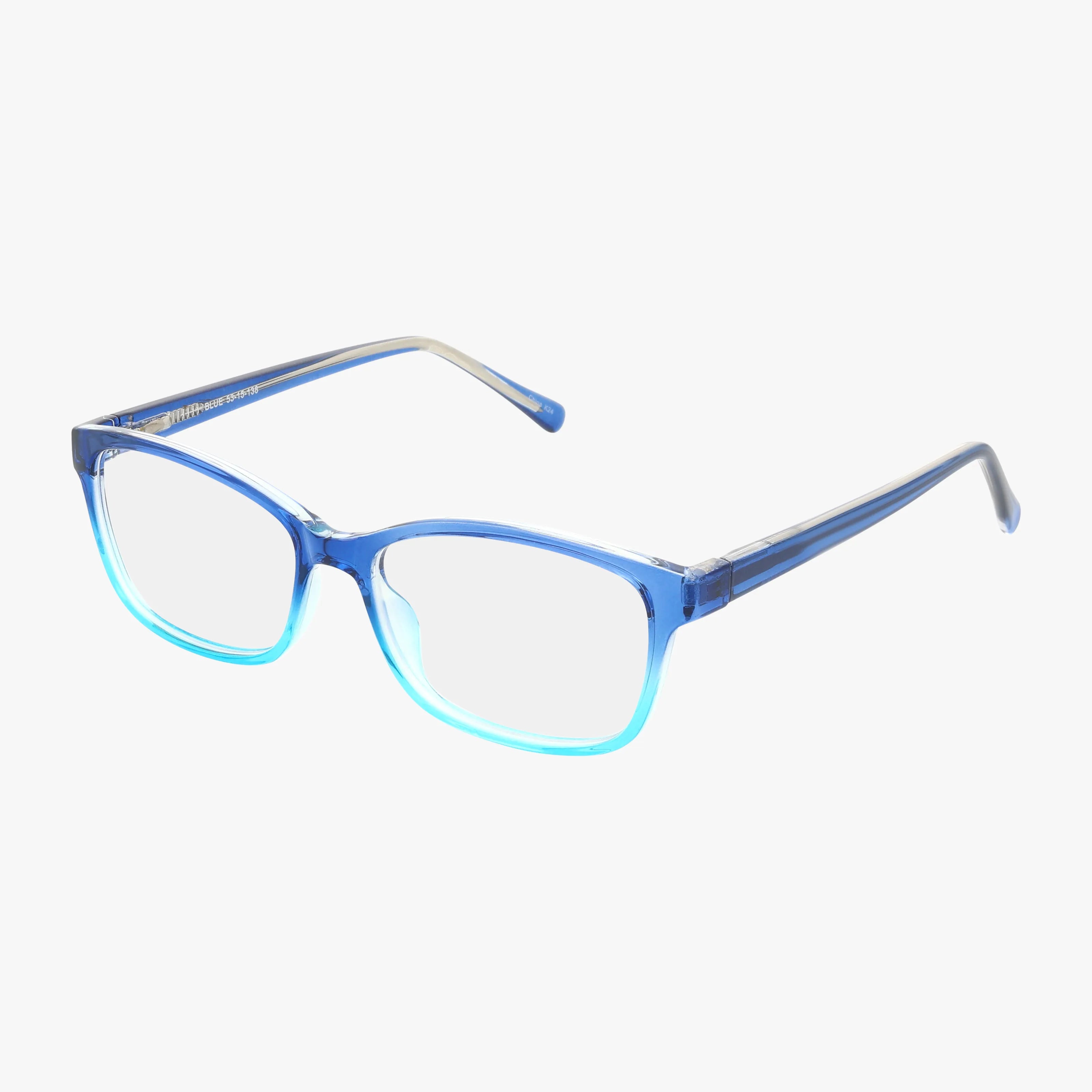 Product 78: Blue gradient rectangular eyeglasses with transparent rims and temples, styled for a secure fit, displayed on a white background.