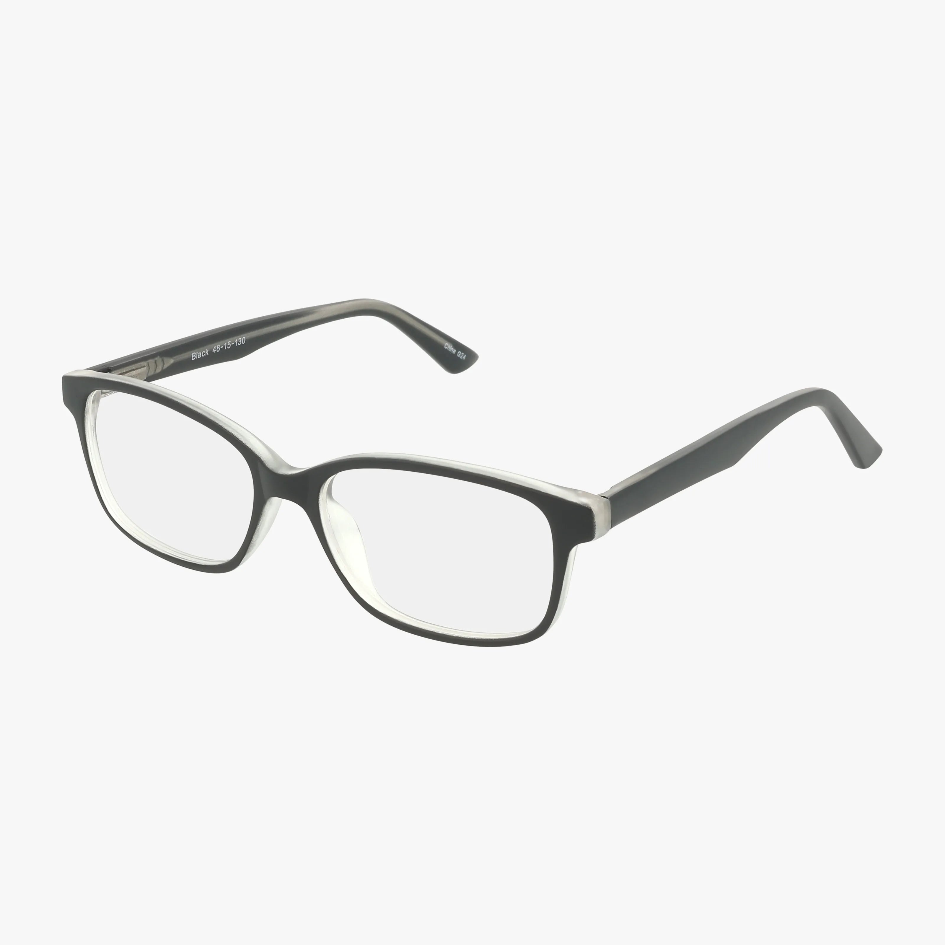 The 79 eyeglasses feature rectangular black rims with a slight sheen, clear lenses, and gently curved arms—ideal for a smart look at school. Shown on a white background.